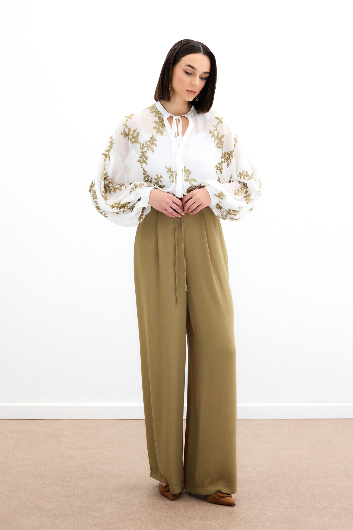 Nakışlı Şifon Gömlek - Haki