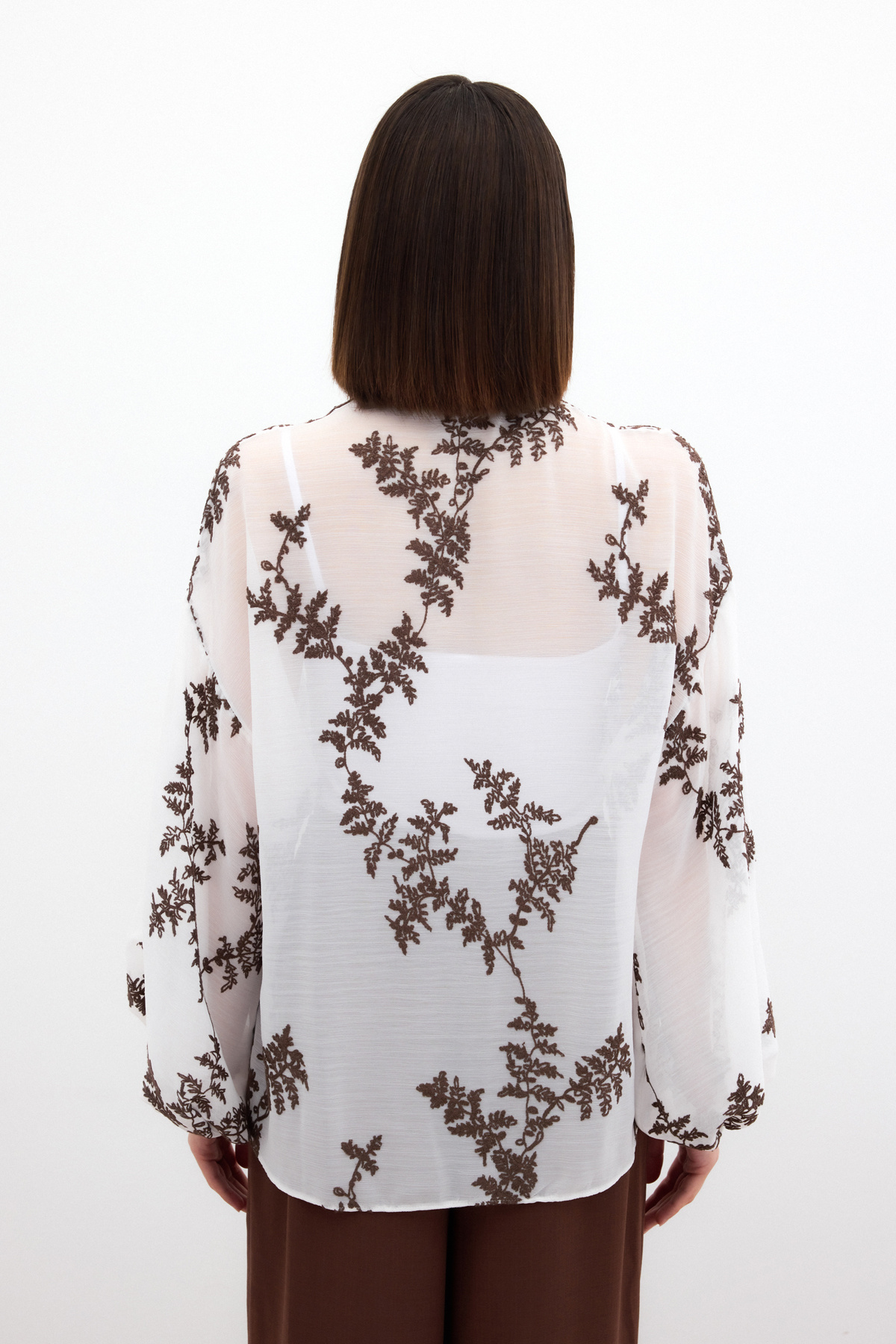 Nakışlı Şifon Gömlek - Kahve