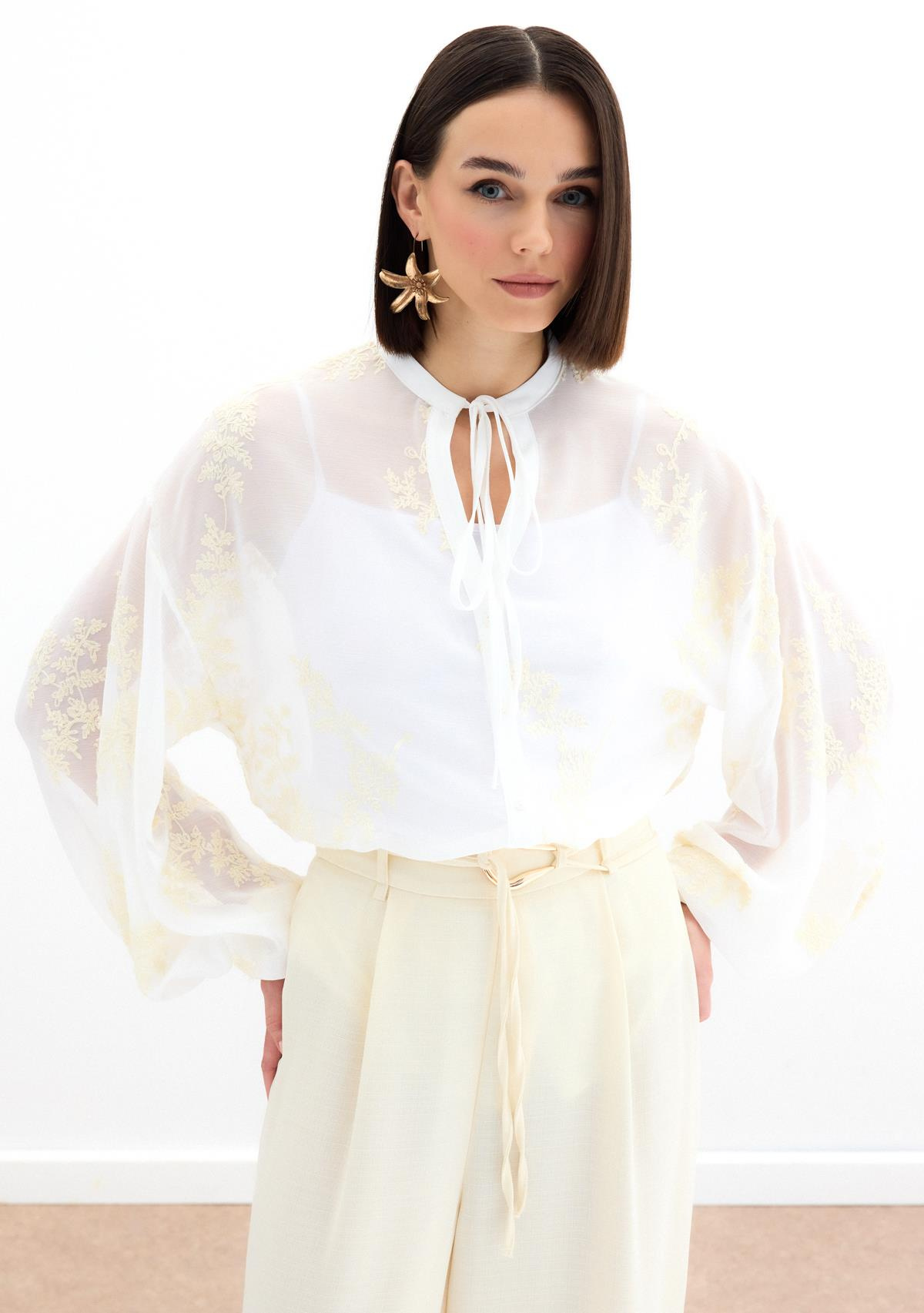 Nakışlı Şifon Gömlek - Krem