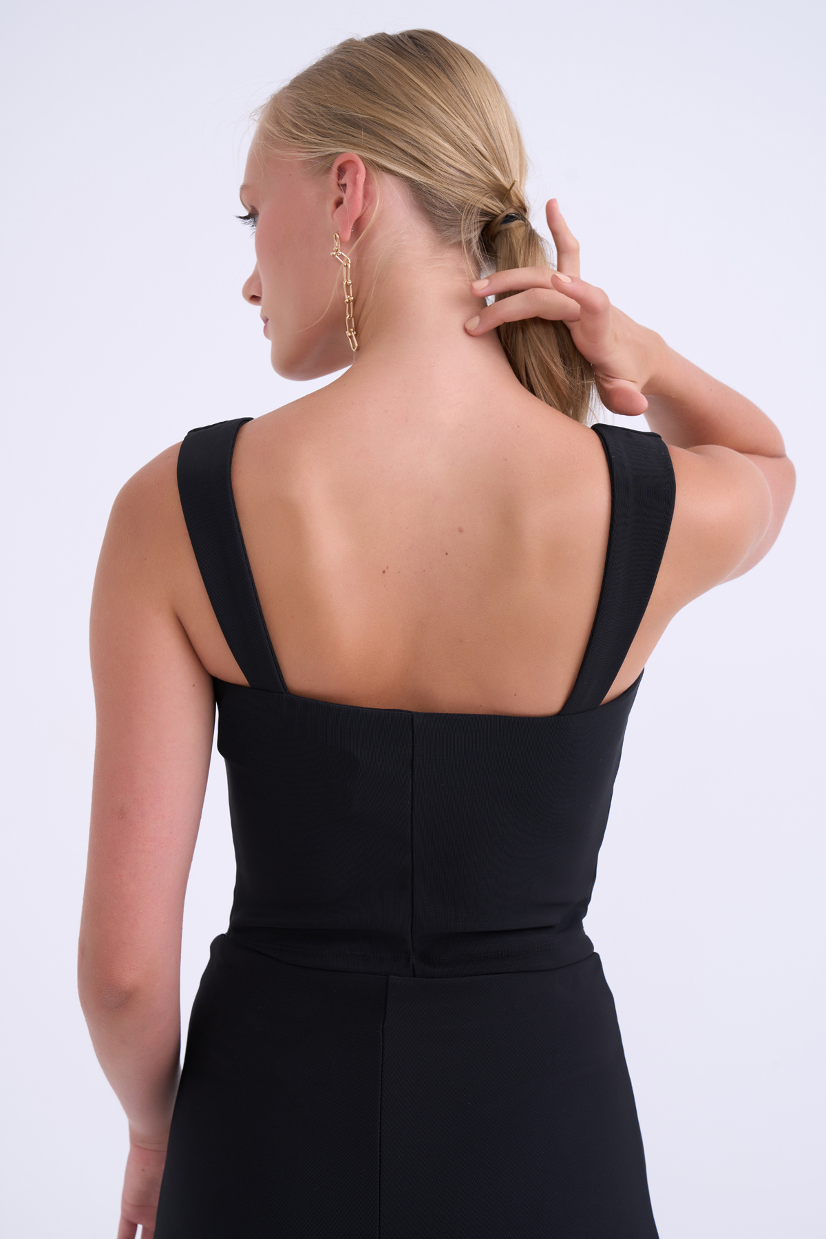 Nervür detaylı crop bluz - SİYAH