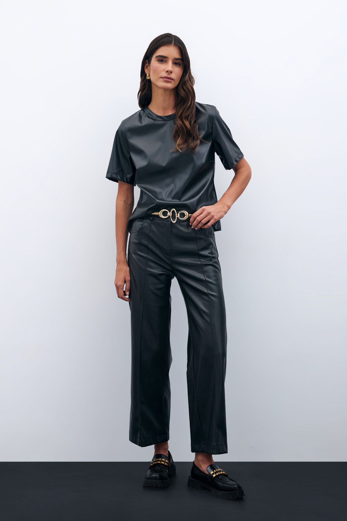 Nervür Detaylı Deri Pantolon - SİYAH