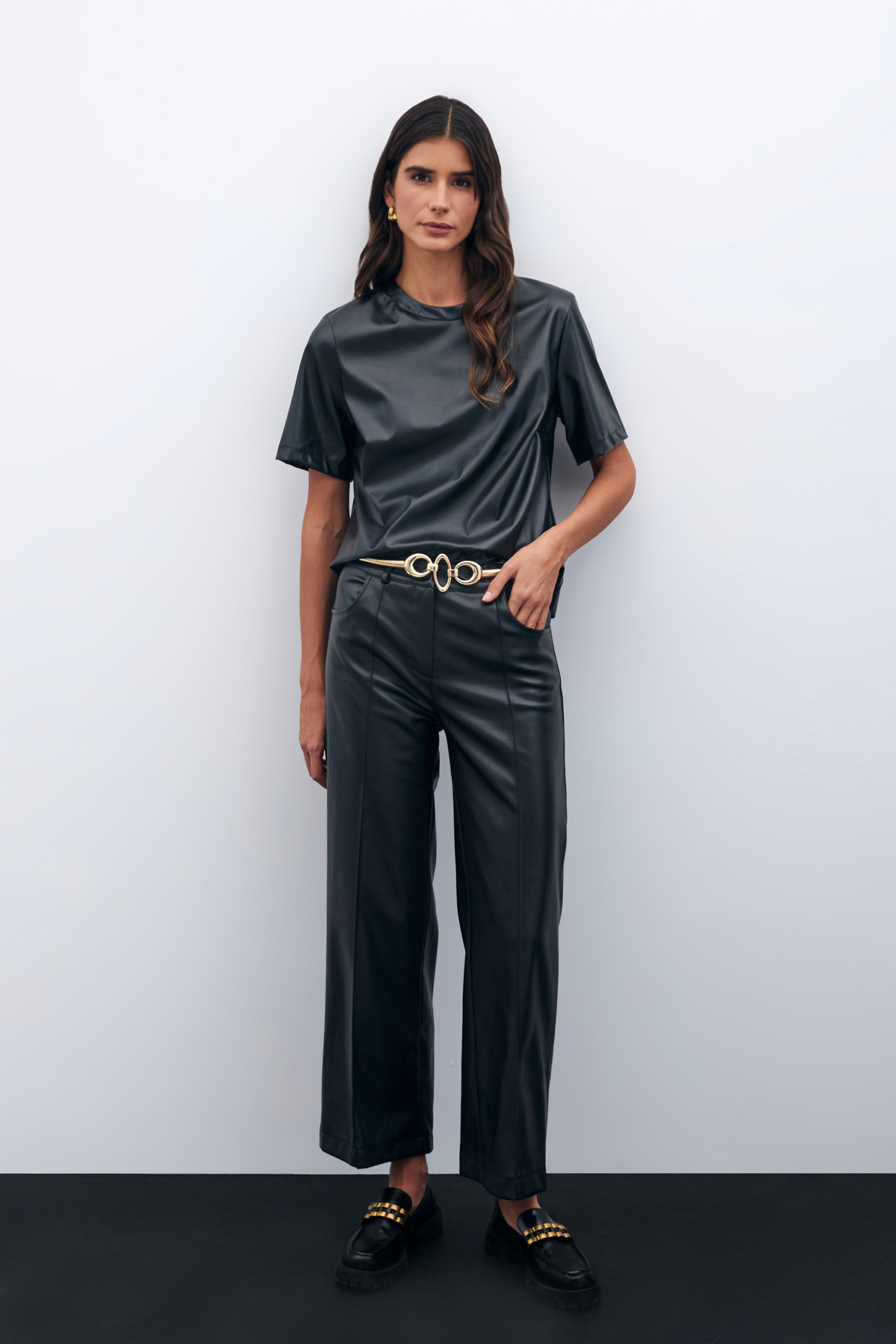 Nervür Detaylı Deri Pantolon - SİYAH