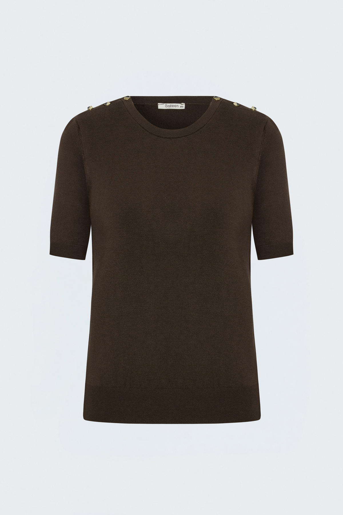 Short-Sleeve Knit Top with Shoulder Buttons - Brown