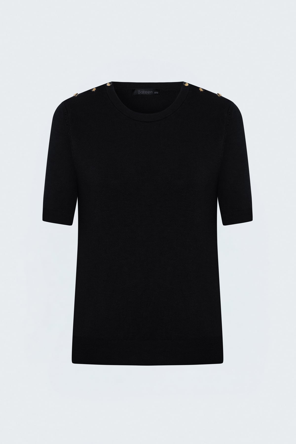 Short-Sleeve Knit Top with Shoulder Buttons - Black