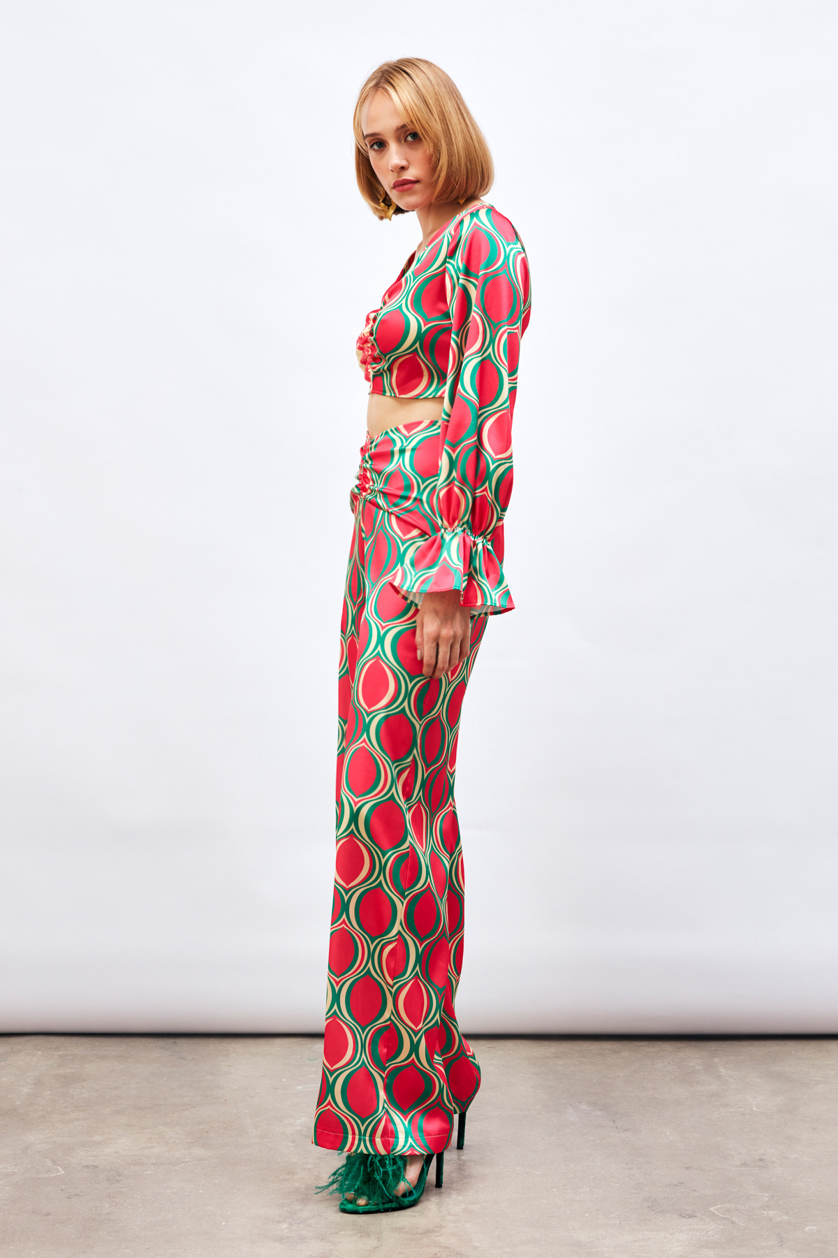 Ön Büzgülü Desenli Salaş Pantolon - FUŞYA