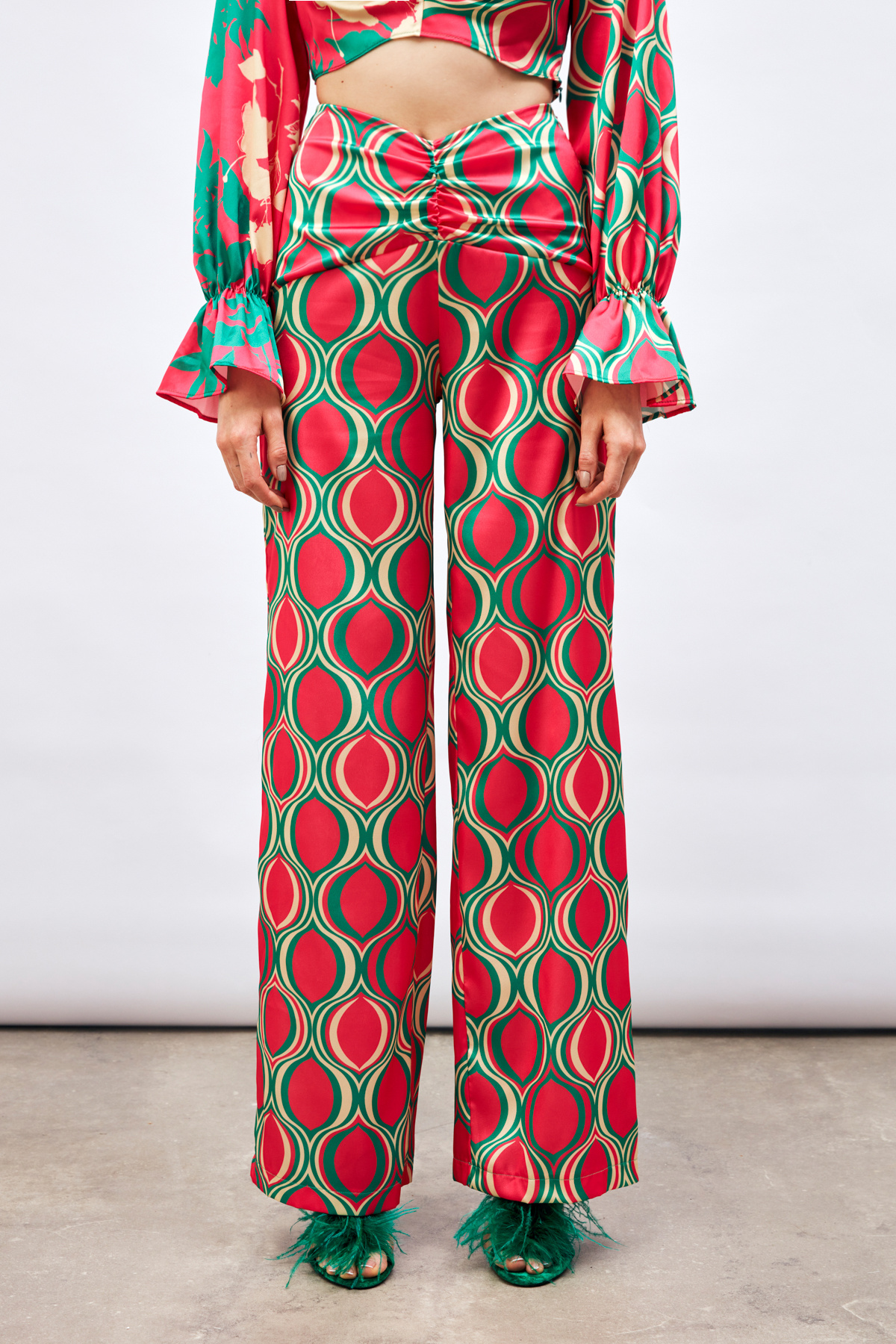 Ön Büzgülü Desenli Salaş Pantolon - FUŞYA