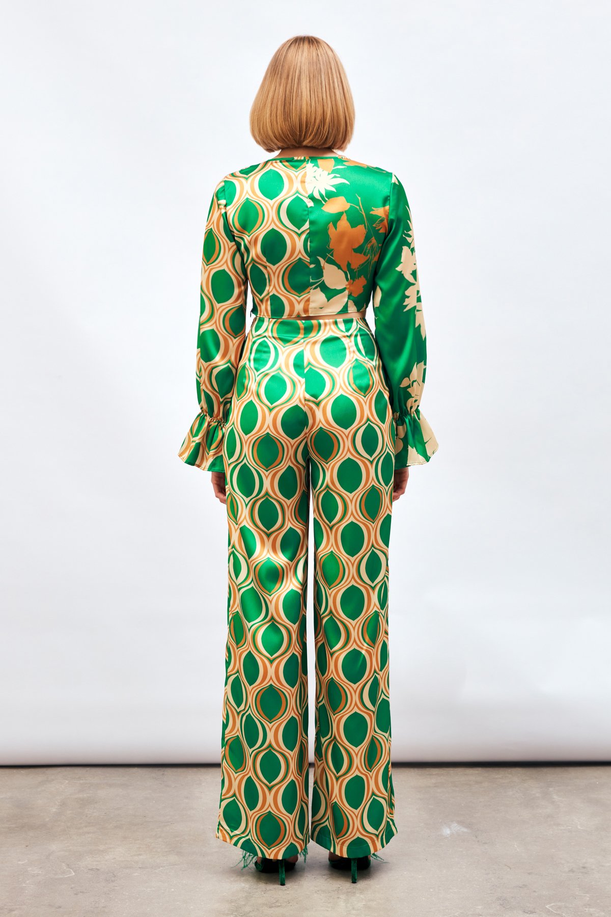 Ön Büzgülü Desenli Salaş Pantolon - YEŞİL