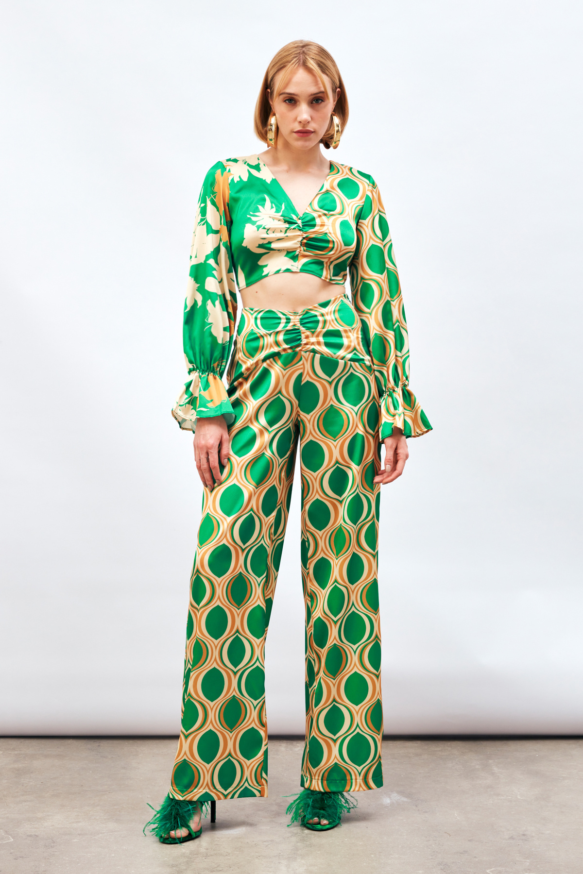 Ön Büzgülü Desenli Salaş Pantolon - YEŞİL