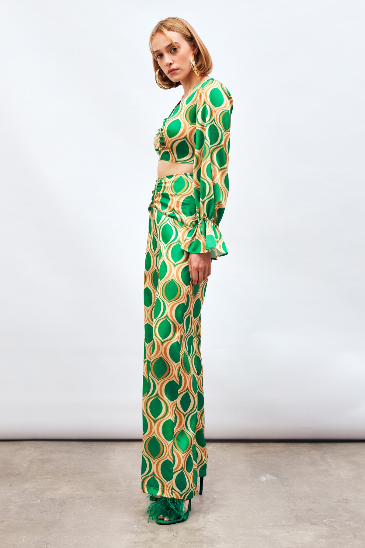 Ön Büzgülü Desenli Salaş Pantolon - YEŞİL