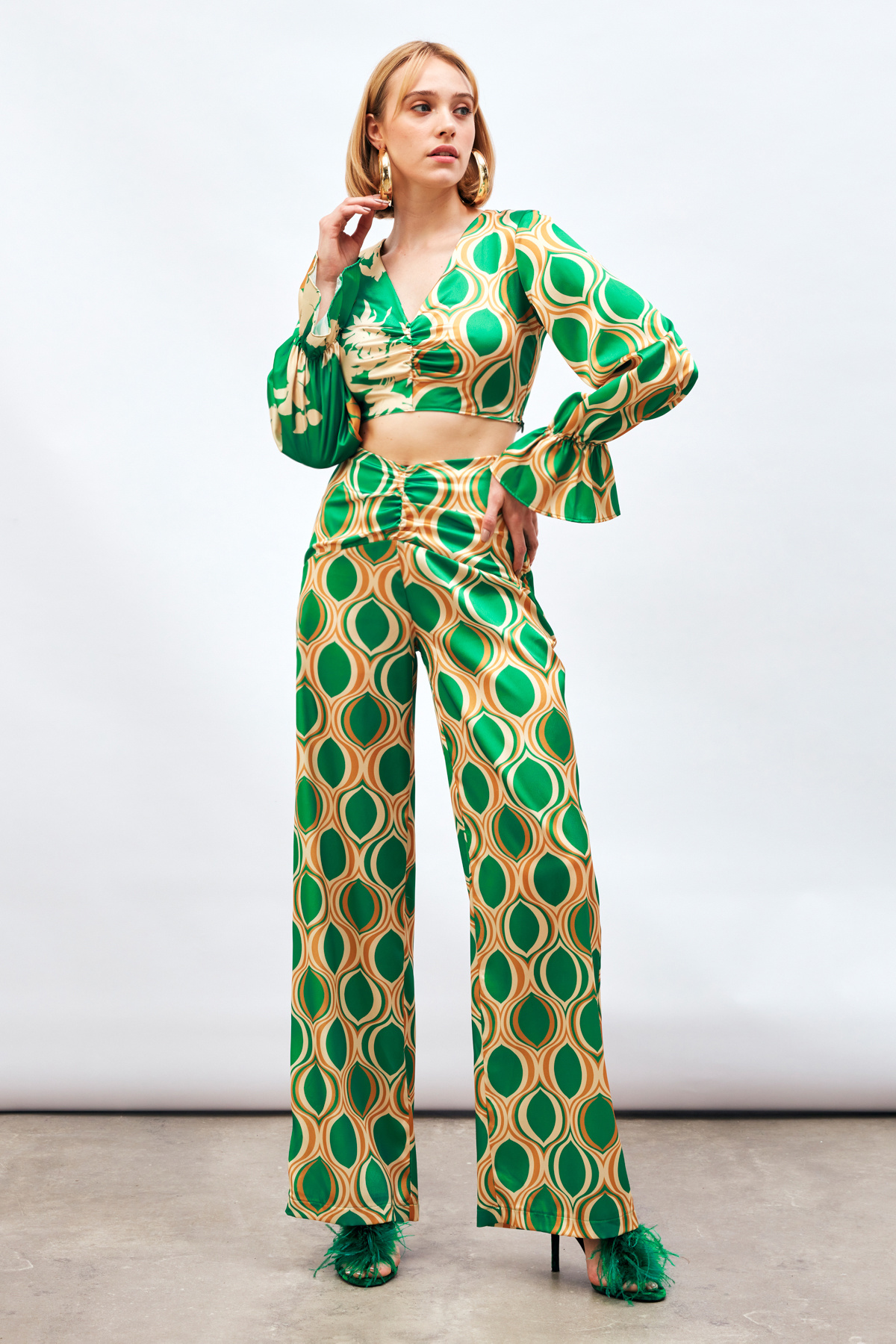 Ön Büzgülü Desenli Salaş Pantolon - YEŞİL