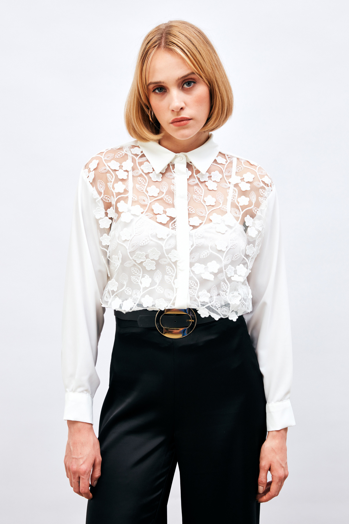 Ön Dantel Detaylı Gömlek - EKRU