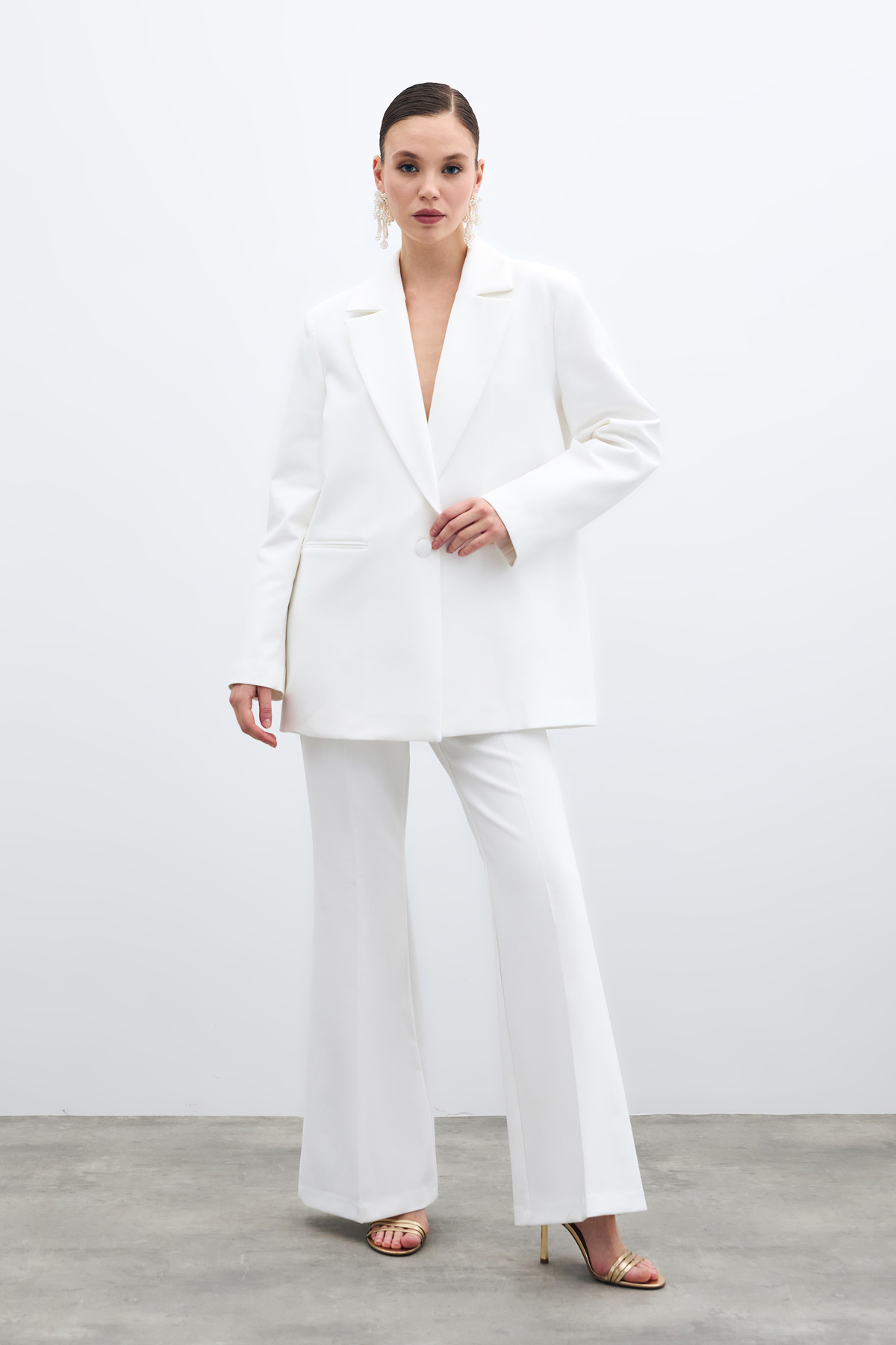 Ön Tek Düğmeli Uzun Ceket - Ekru