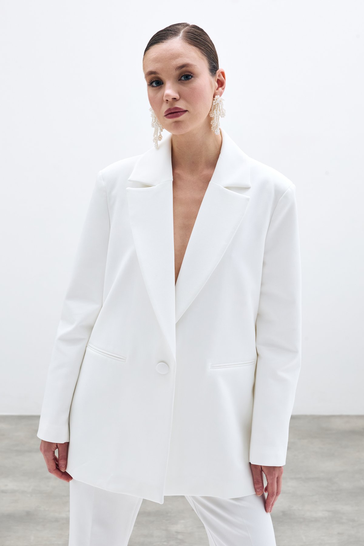 Ön Tek Düğmeli Uzun Ceket - Ekru