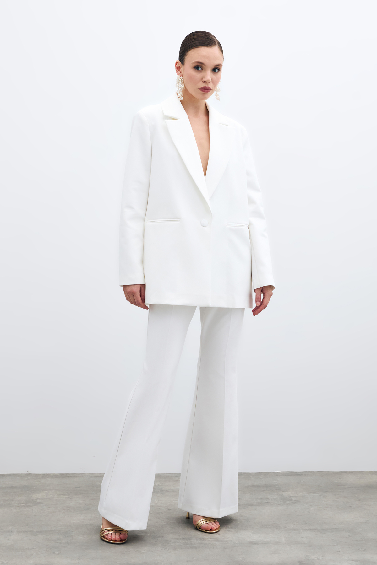 Ön Tek Düğmeli Uzun Ceket - Ekru