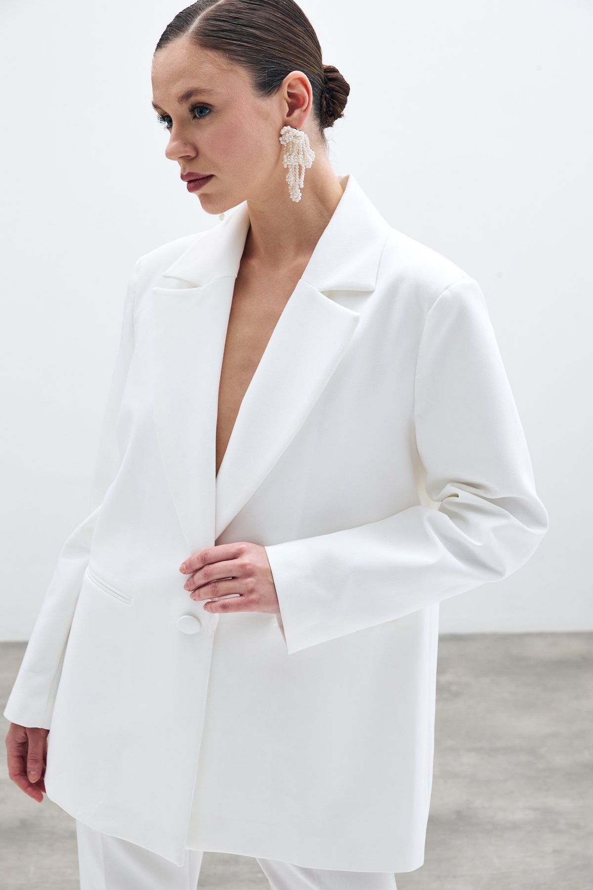 Ön Tek Düğmeli Uzun Ceket - Ekru