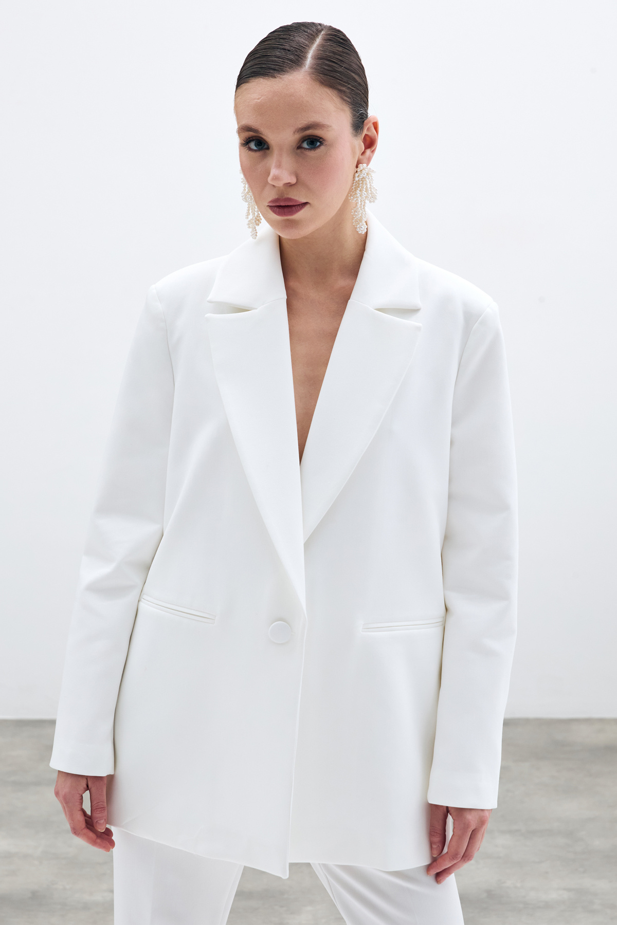 Ön Tek Düğmeli Uzun Ceket - Ekru