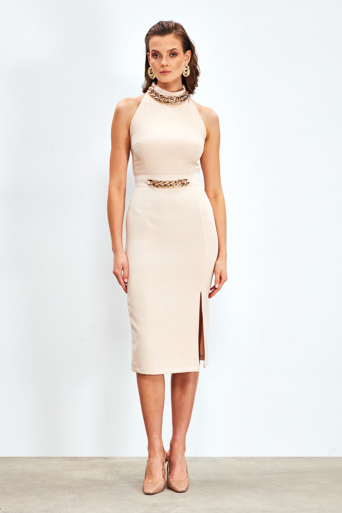 Front Chain Detailed Skirt - BEIGE