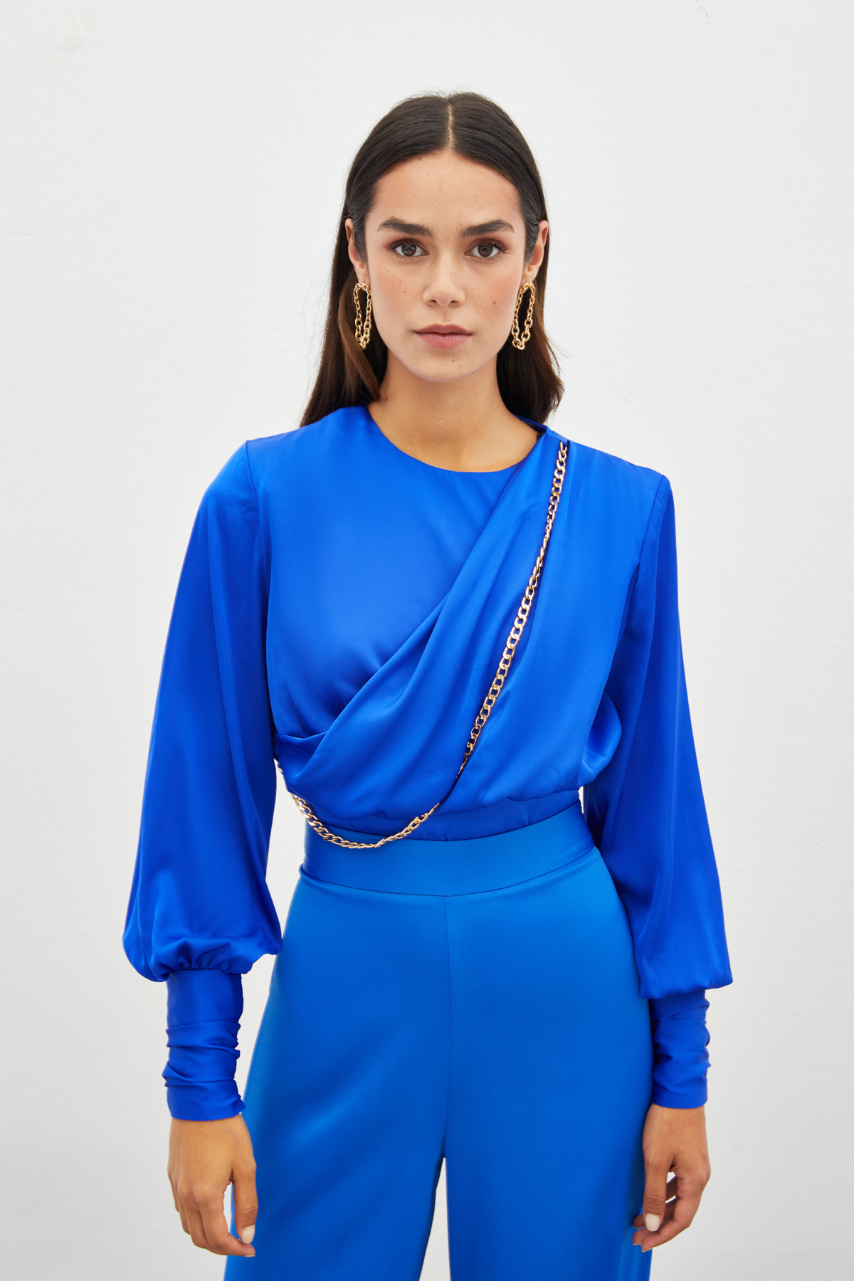 Ön Zincirli Saten Bluz - SAX MAVİ