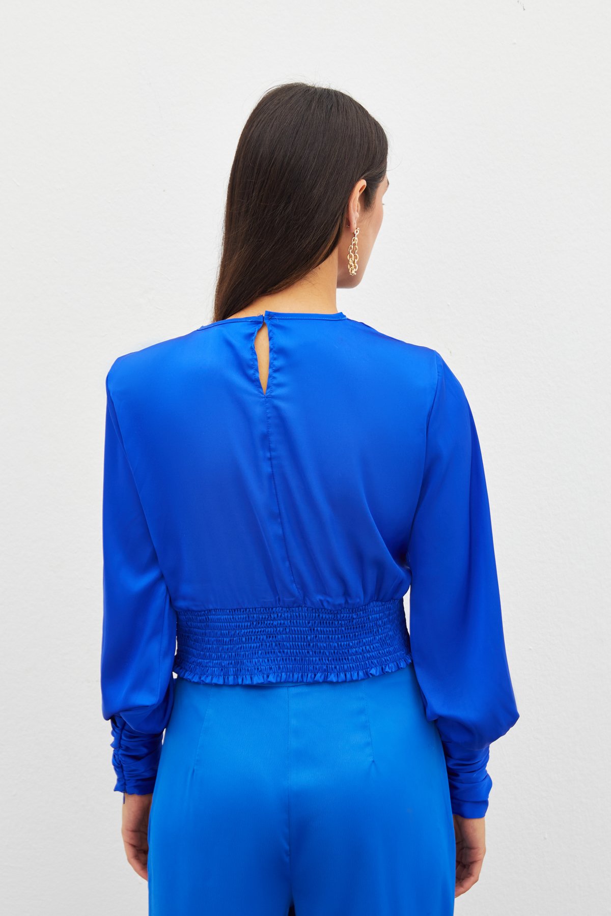 Ön Zincirli Saten Bluz - SAX MAVİ