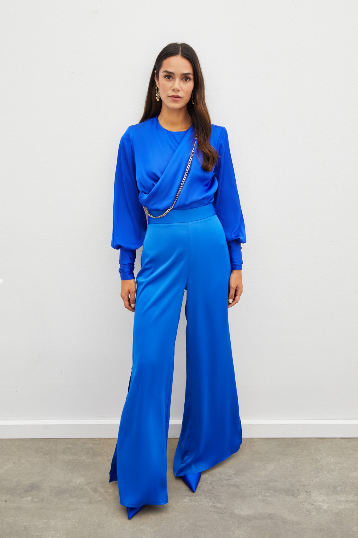 Ön Zincirli Saten Bluz - SAX MAVİ