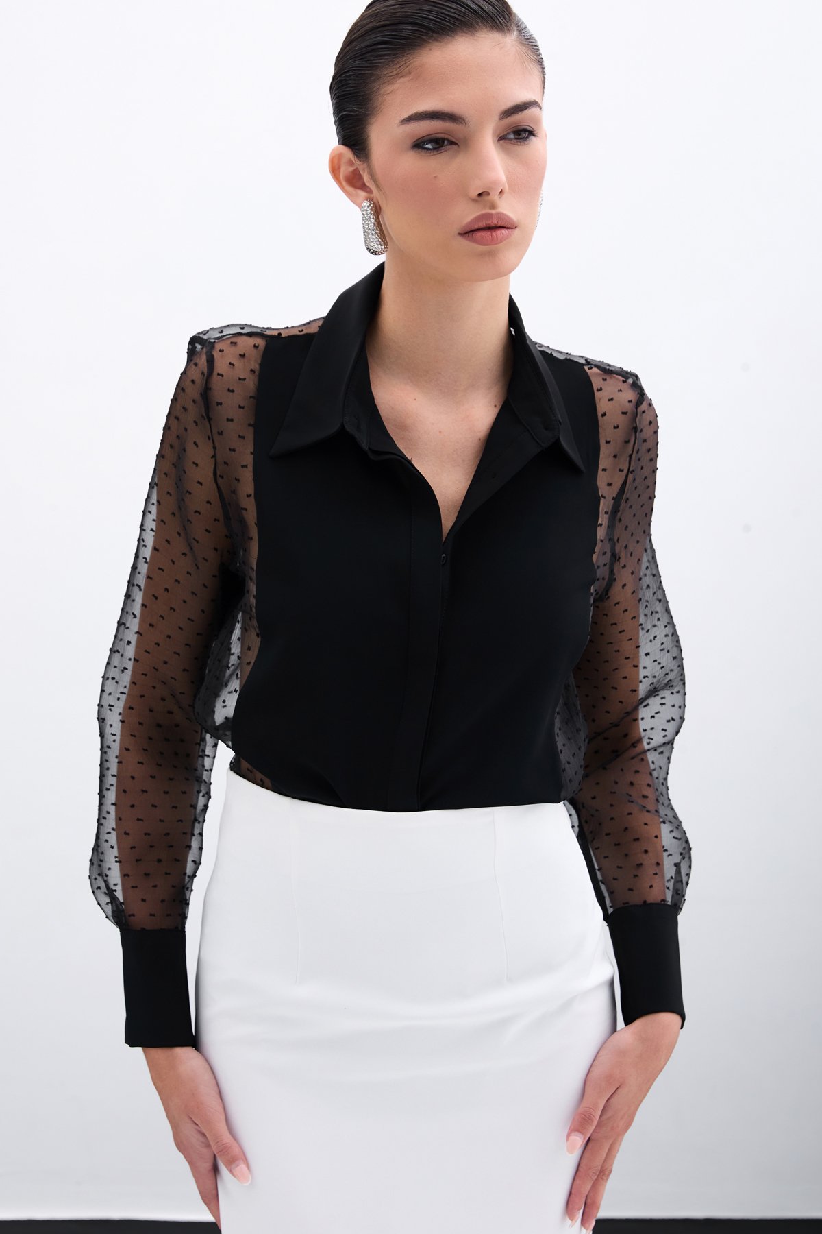 Organze Detaylı Gömlek - Siyah