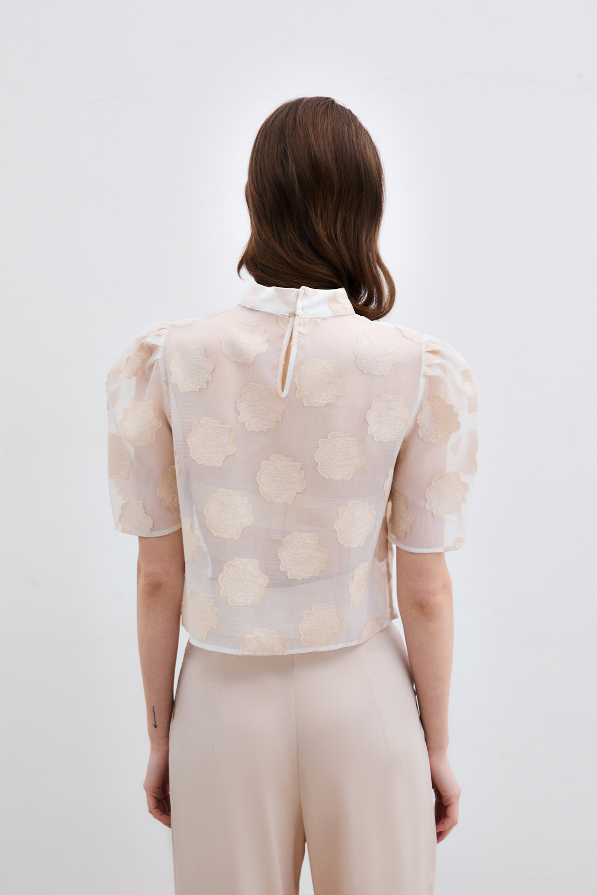 Organze Kısa Kol Bluz - Bej