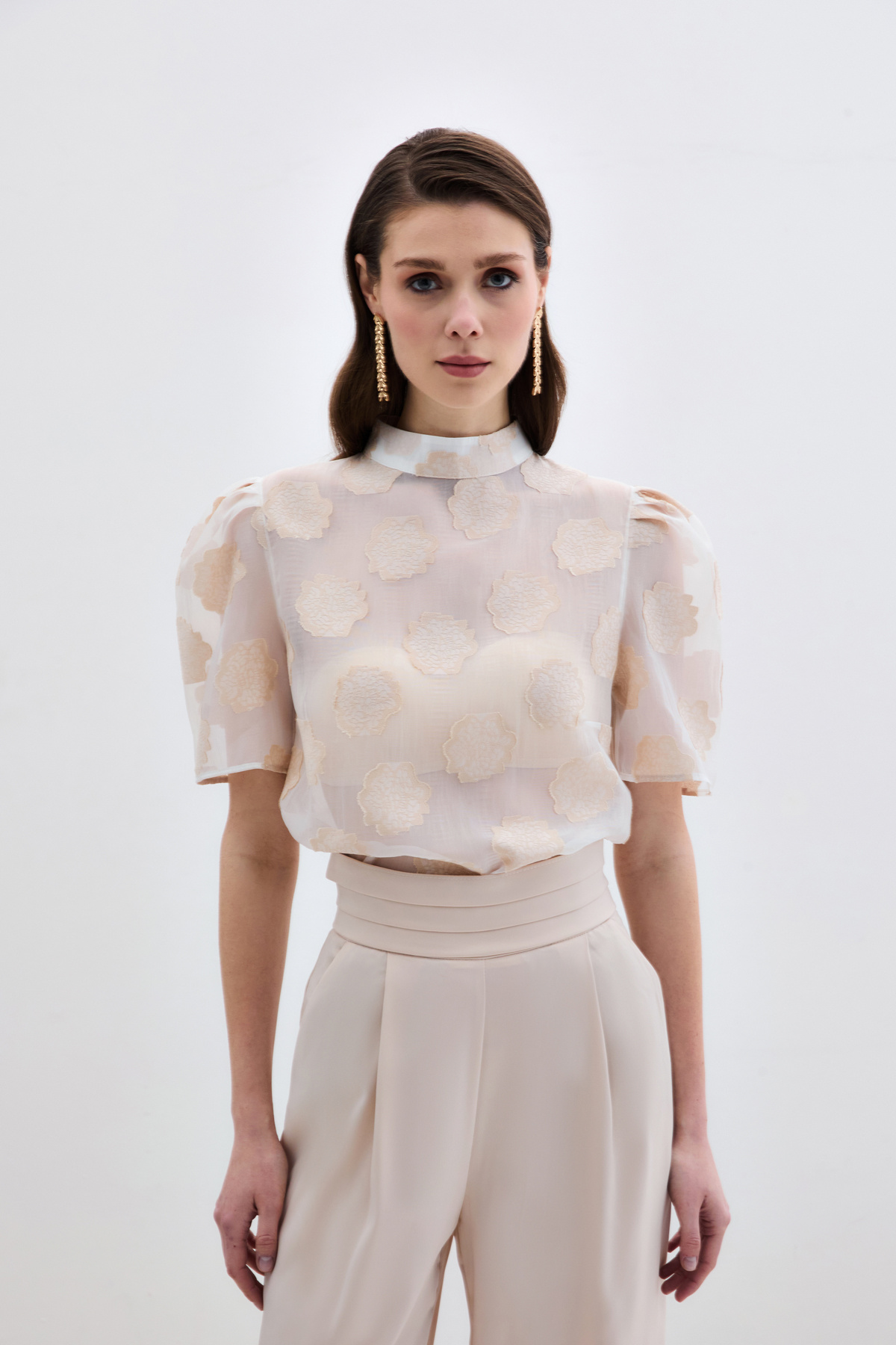 Organze Kısa Kol Bluz - Bej