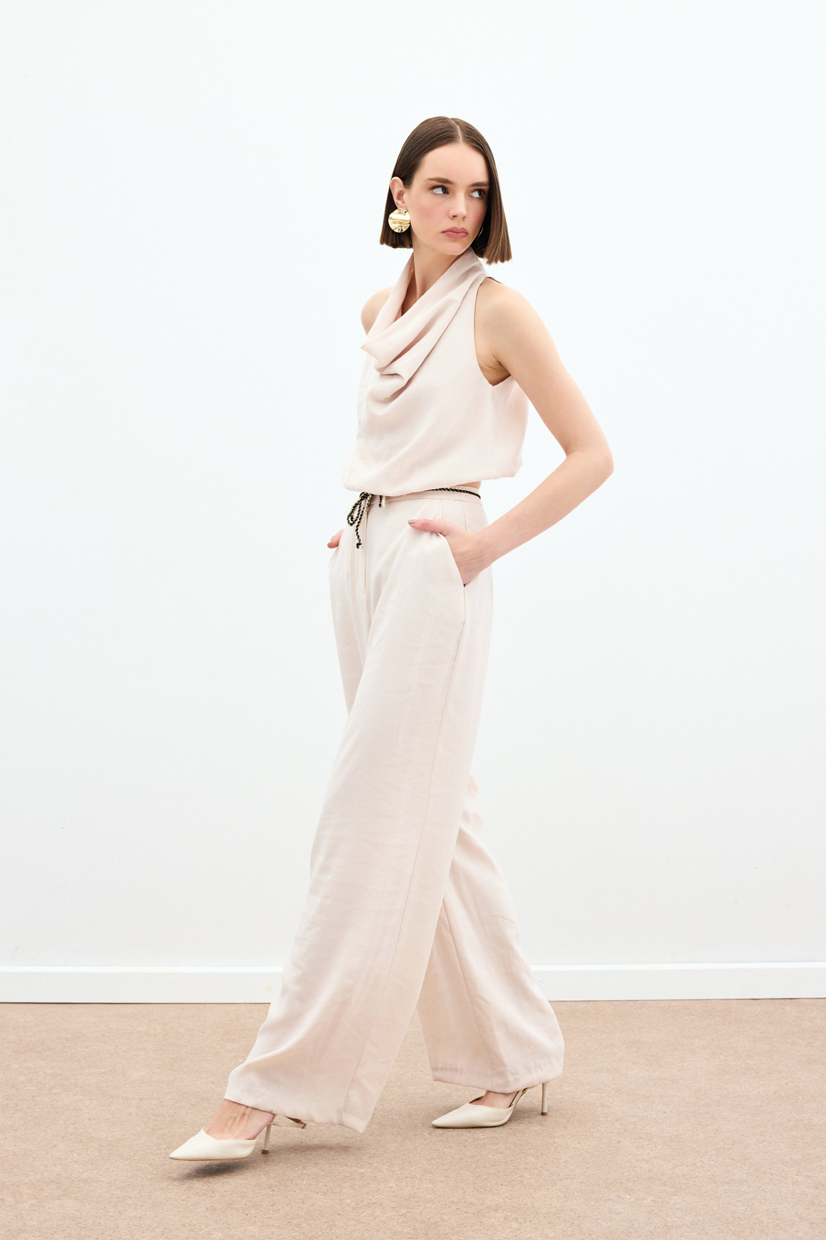 Örgü Kemerli Pantolon - Bej