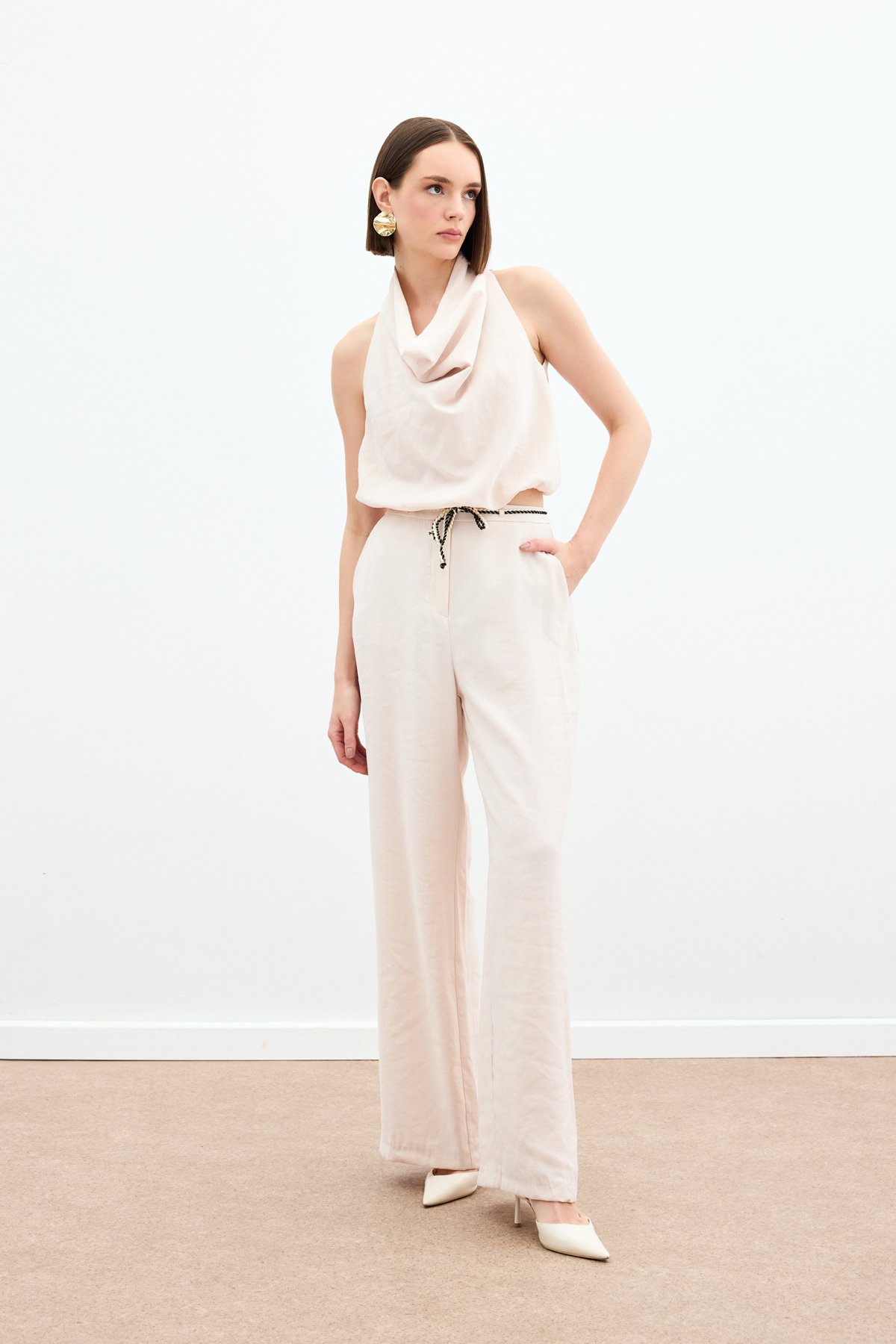 Örgü Kemerli Pantolon - Bej