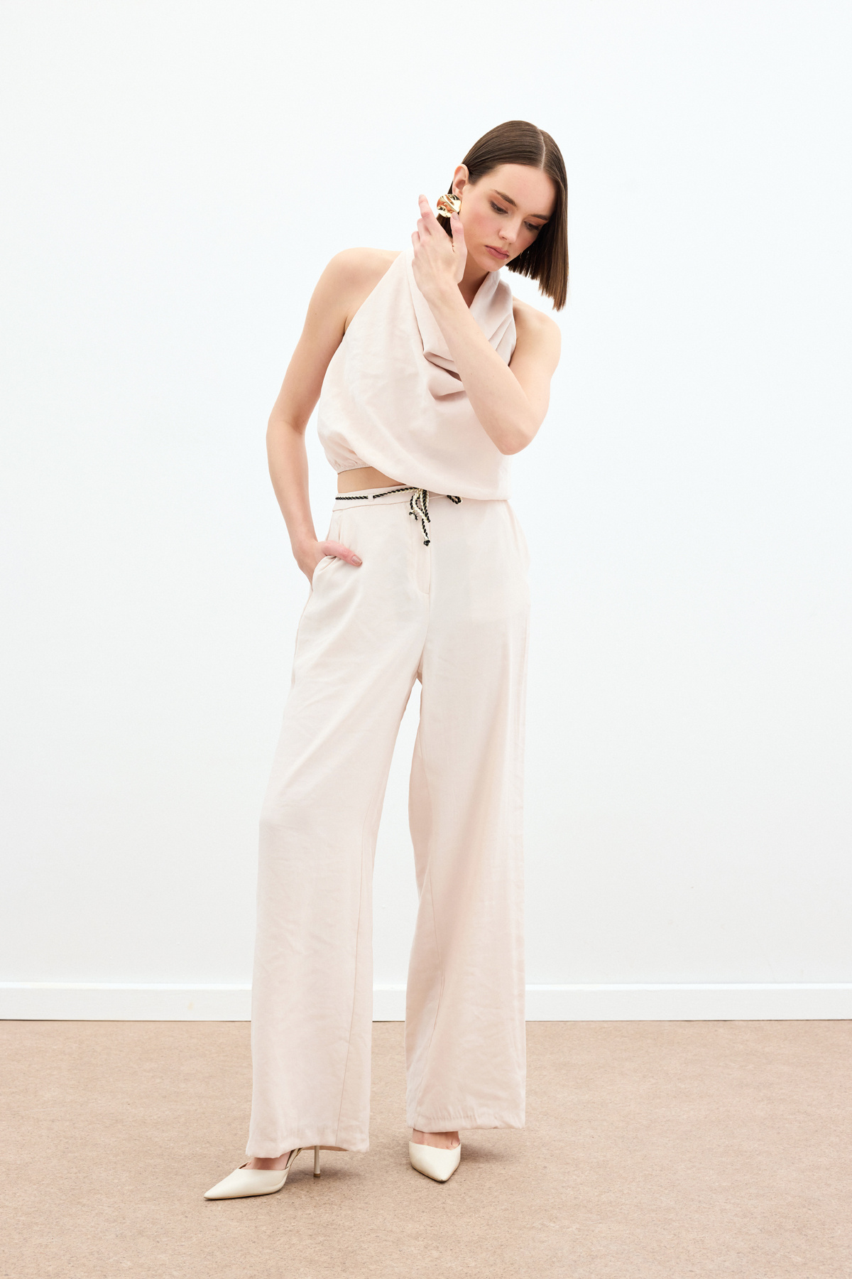 Örgü Kemerli Pantolon - Bej