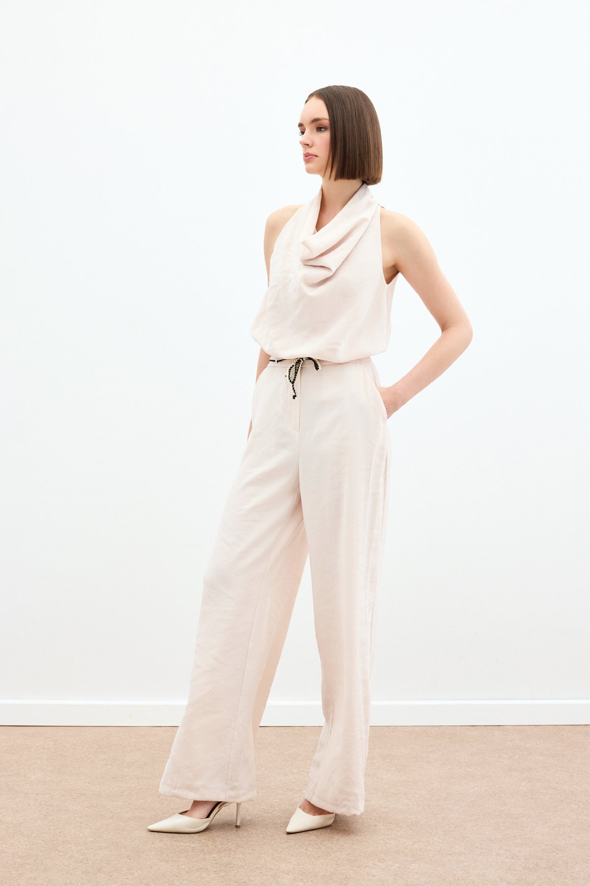 Örgü Kemerli Pantolon - Bej