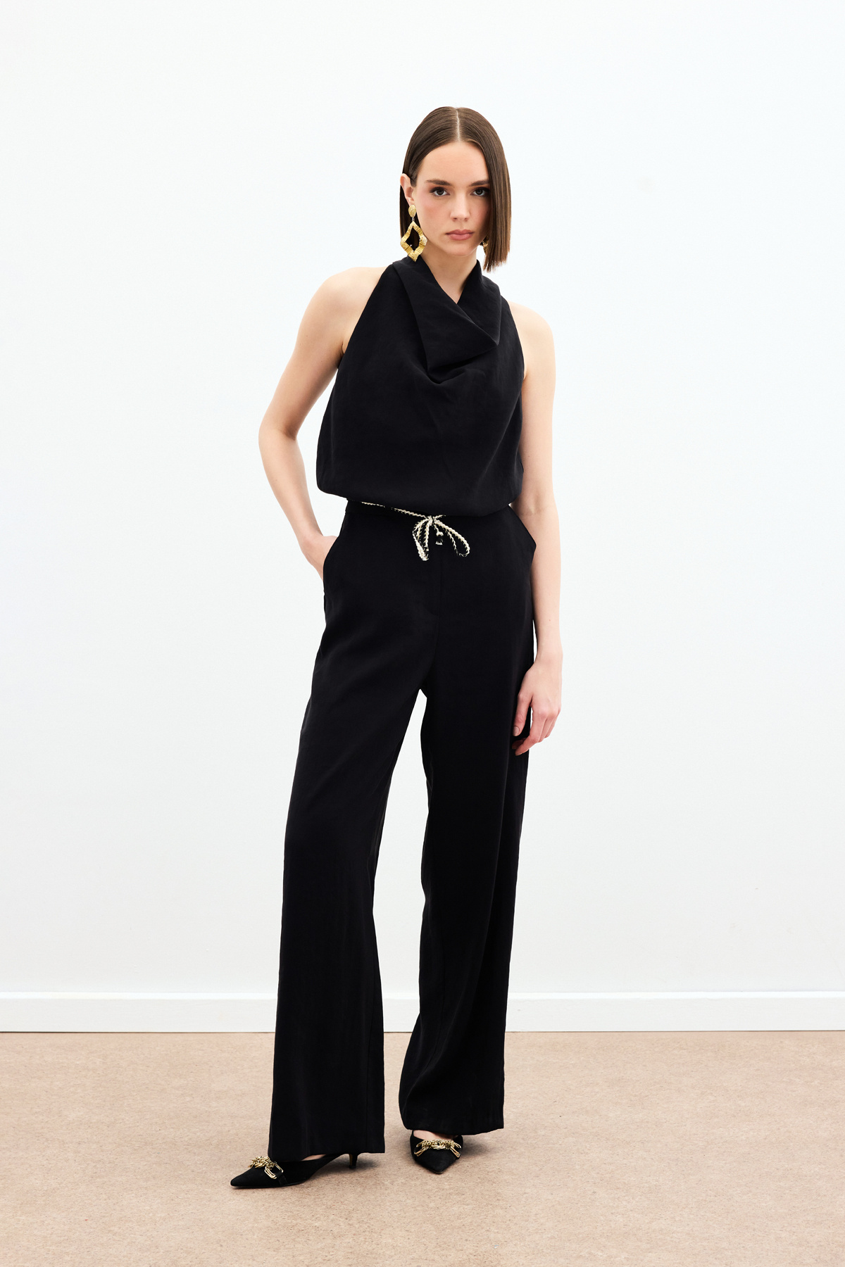 Örgü Kemerli Pantolon - Siyah