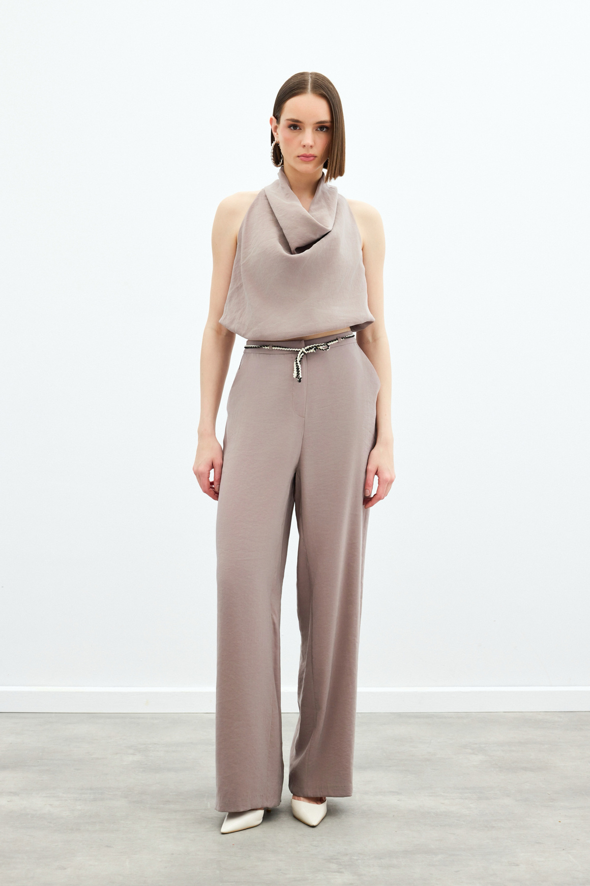 Örgü Kemerli Pantolon - Vizon