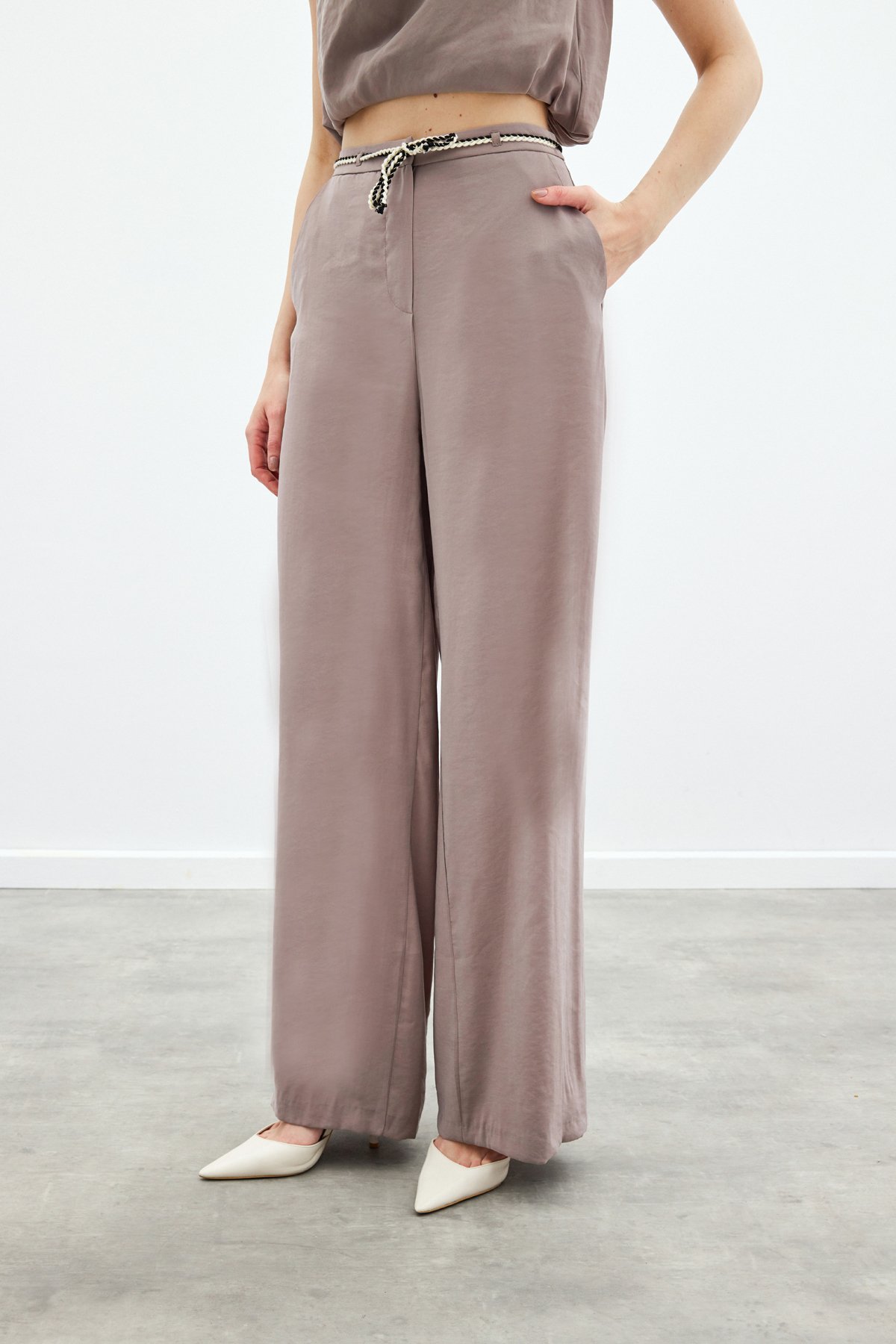 Örgü Kemerli Pantolon - Vizon