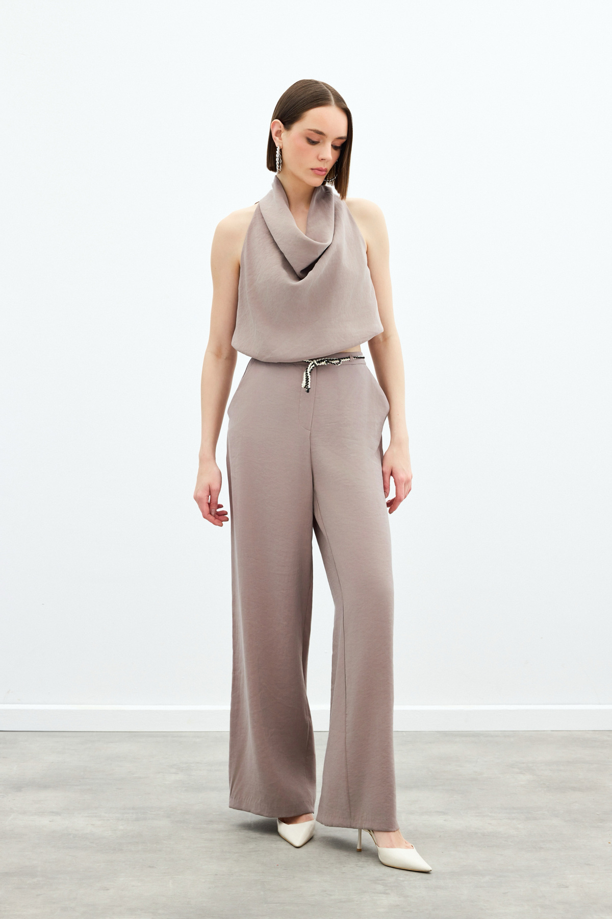 Örgü Kemerli Pantolon - Vizon