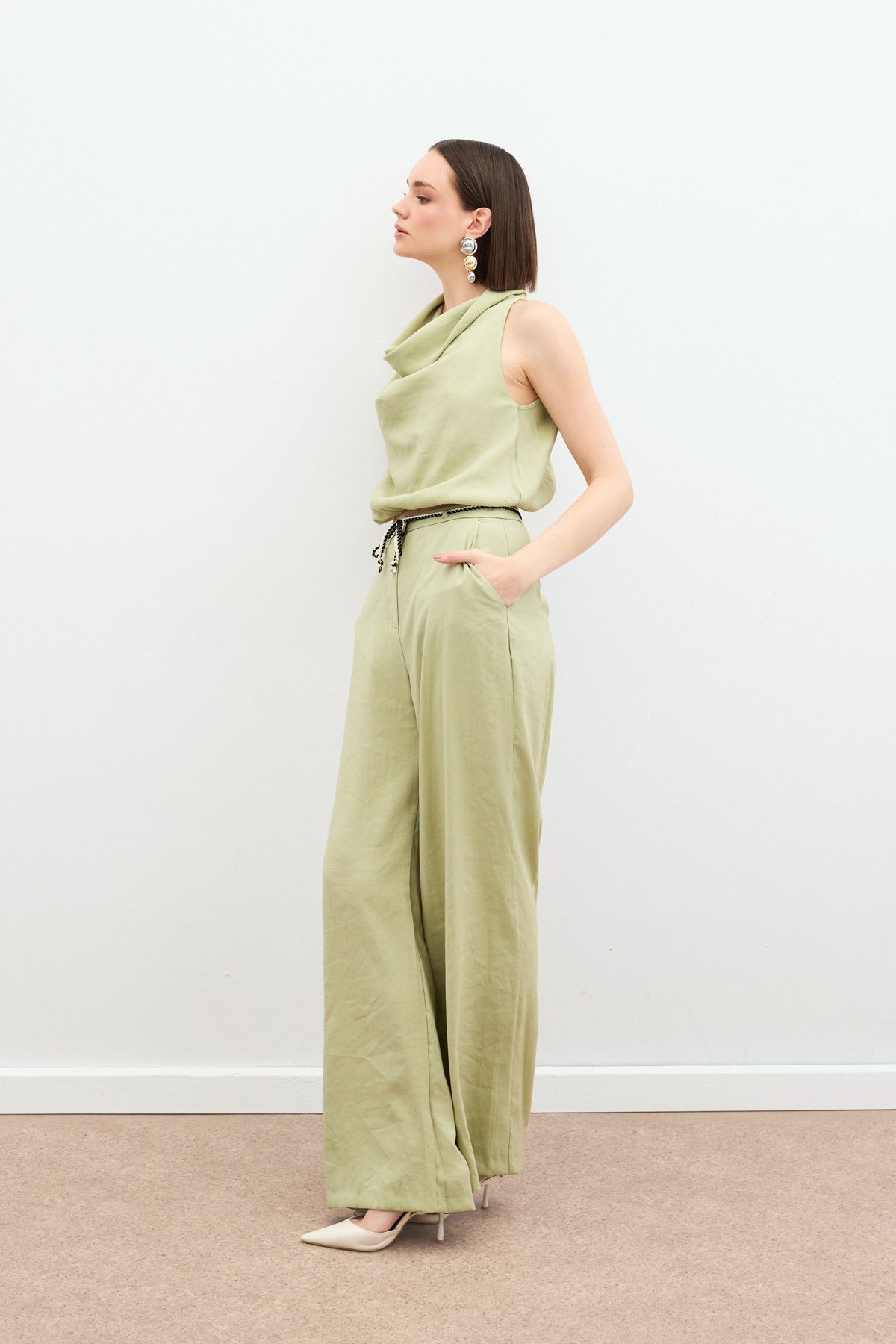 Örgü Kemerli Pantolon - Yağ Yeşili