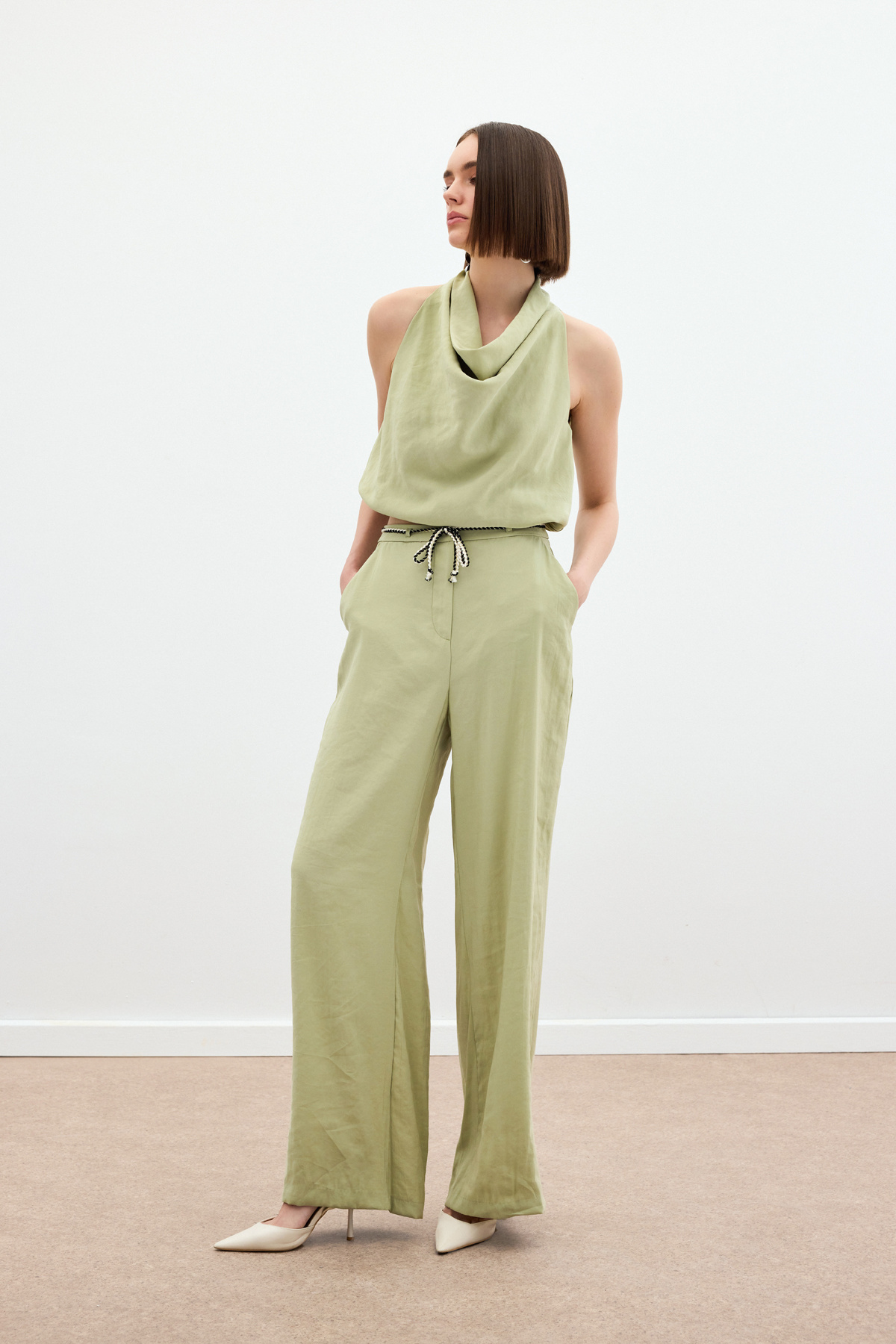 Örgü Kemerli Pantolon - Yağ Yeşili