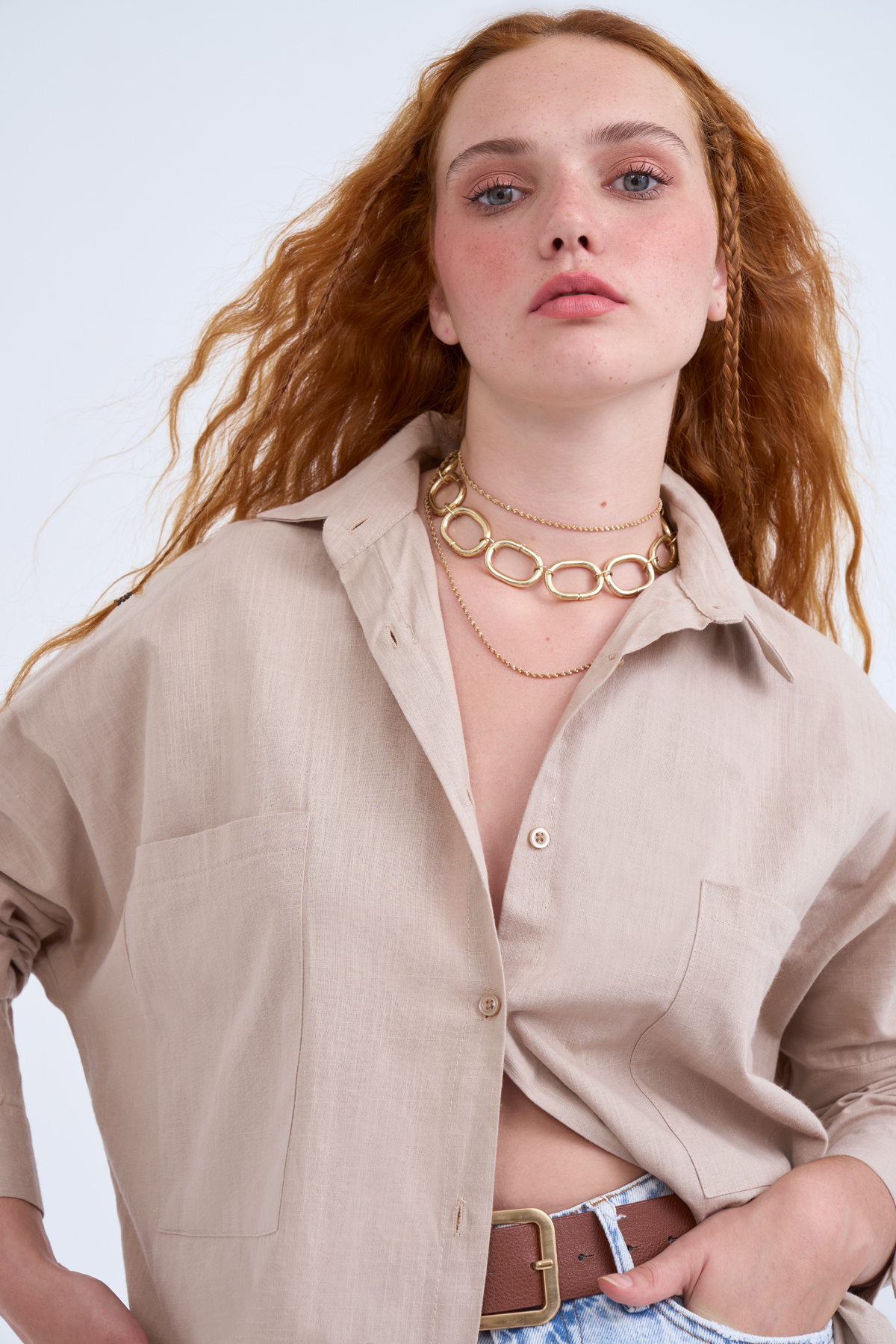 Oversized Pocket Linen Shirt - BEIGE