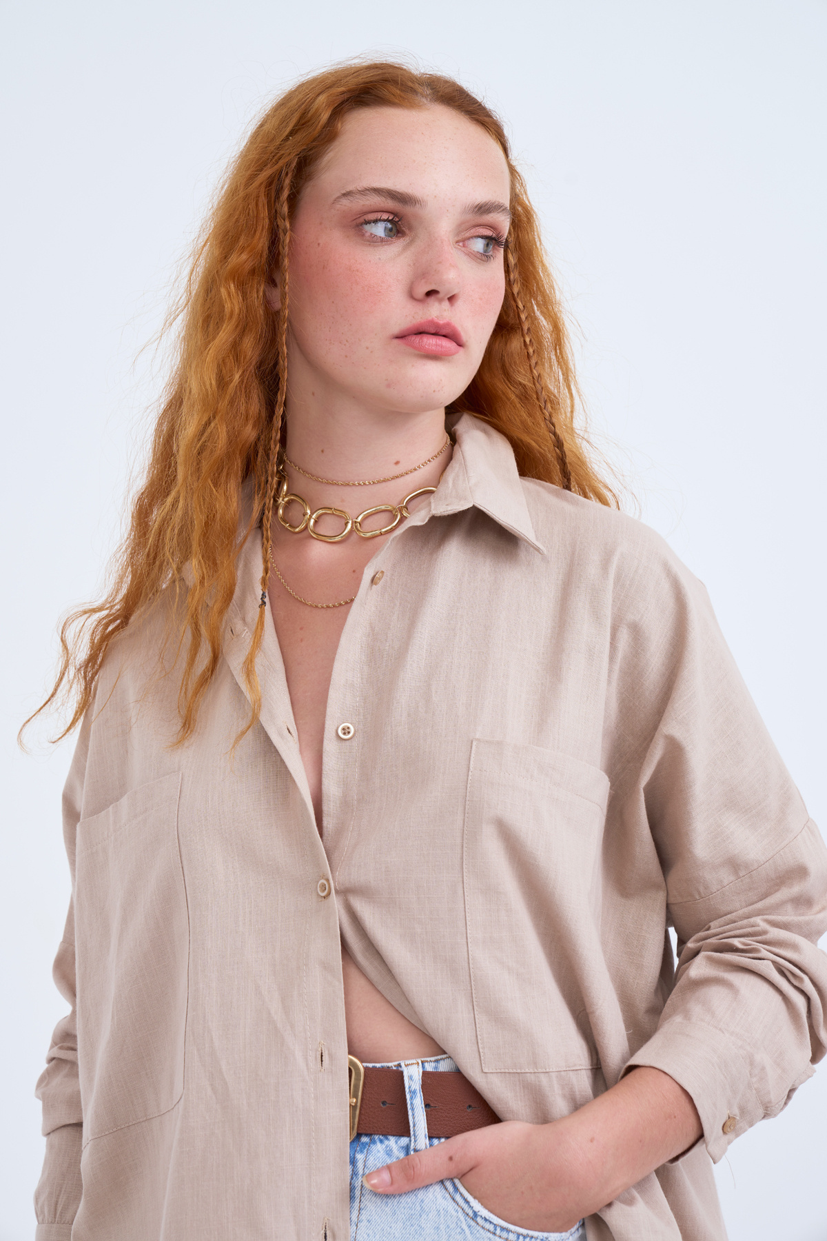 Oversized Pocket Linen Shirt - BEIGE