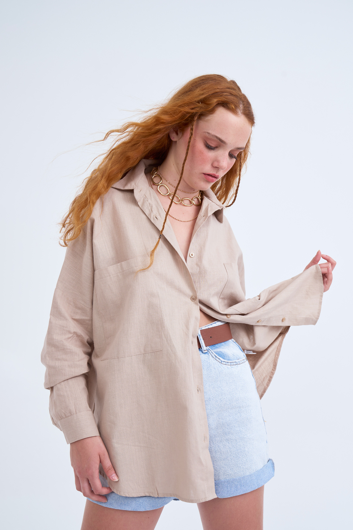 Oversized Pocket Linen Shirt - BEIGE