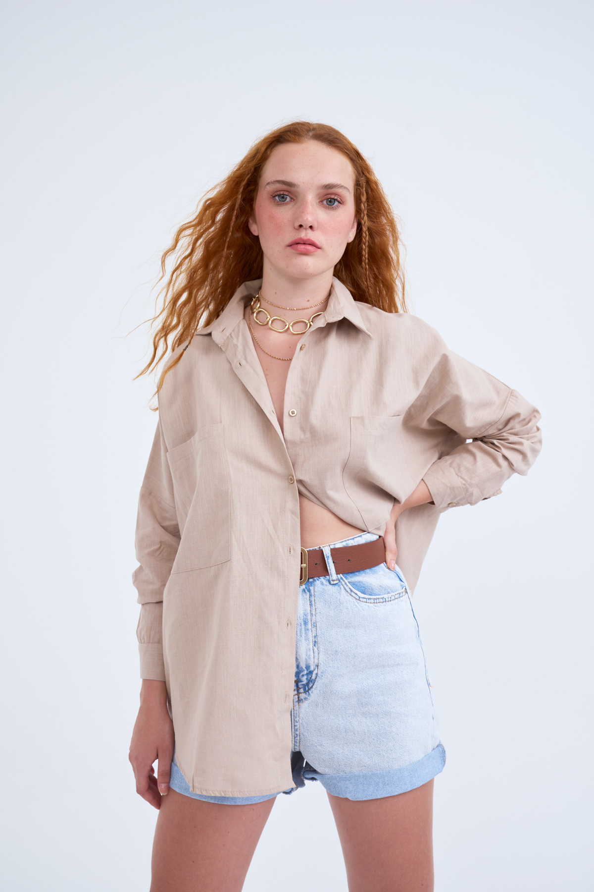 Oversized Pocket Linen Shirt - BEIGE