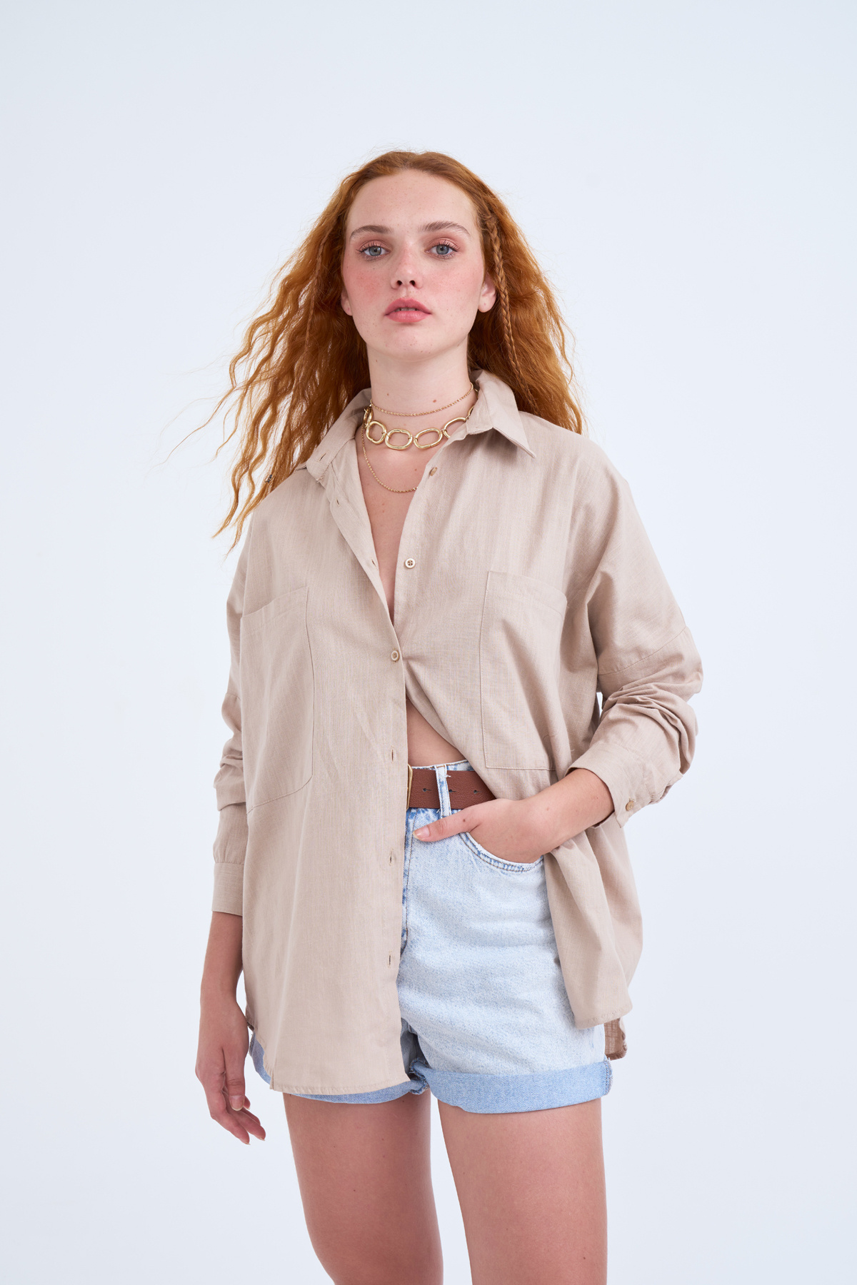 Oversized Pocket Linen Shirt - BEIGE