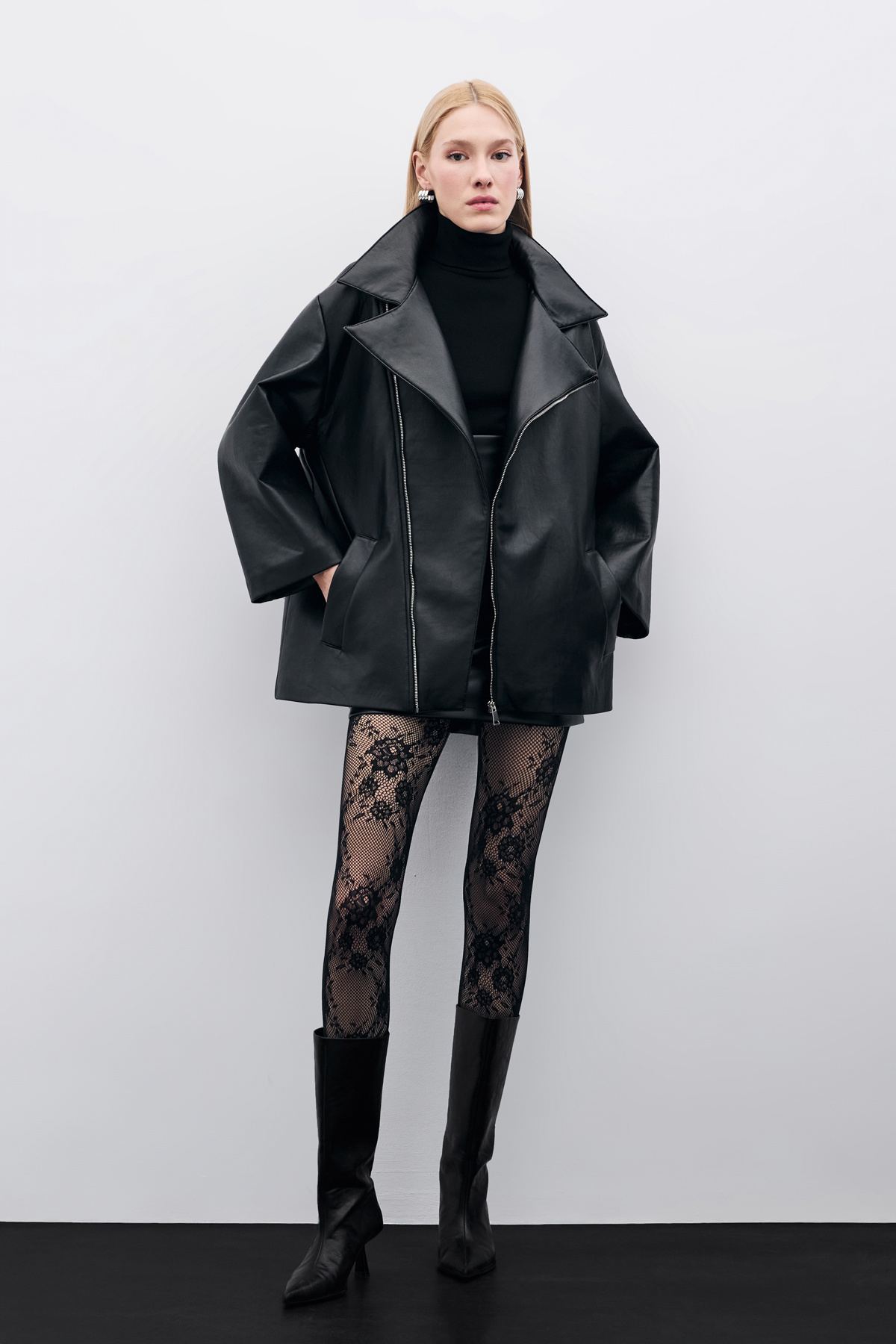 Oversize Deri Ceket - Siyah