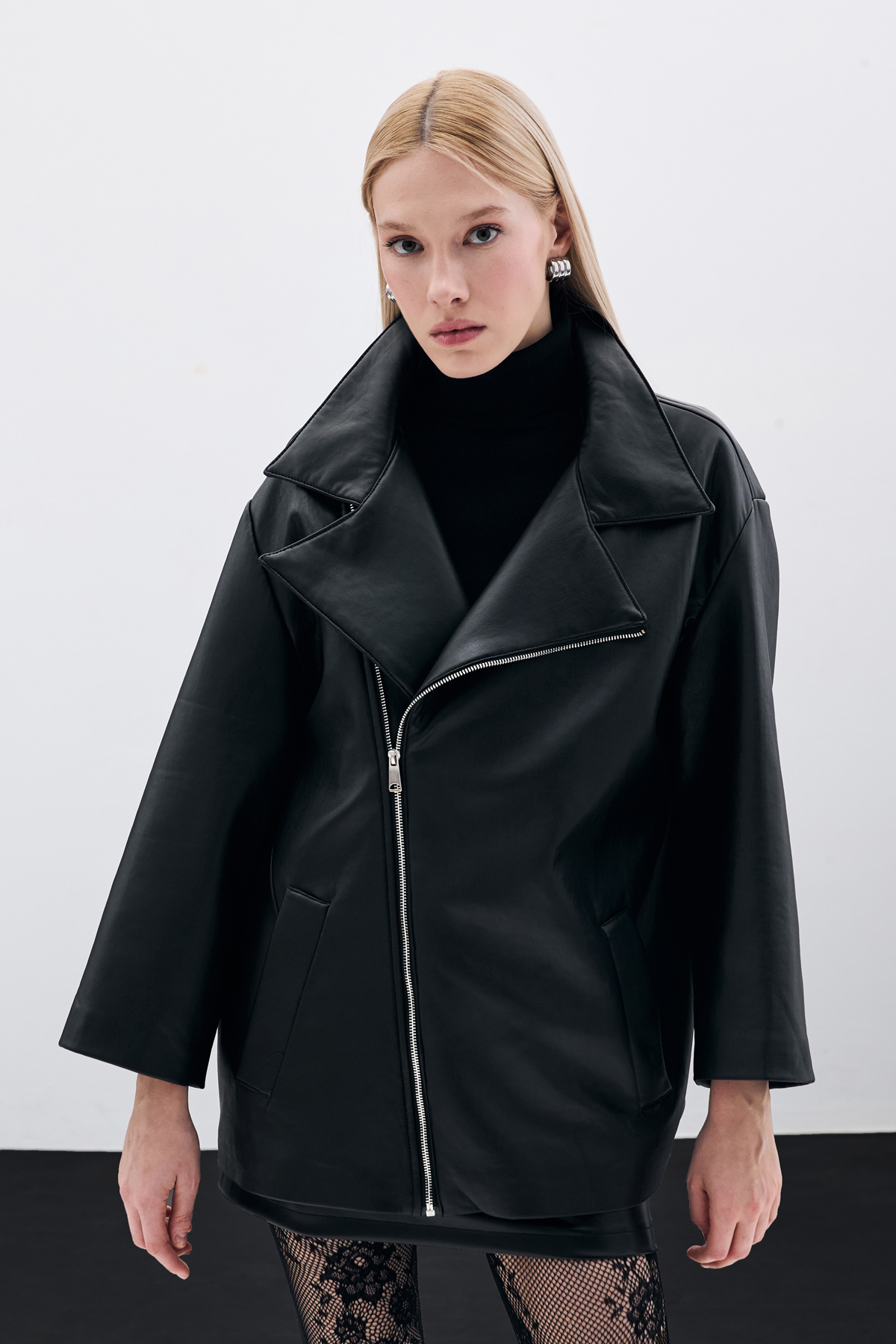 Oversize Deri Ceket - Siyah