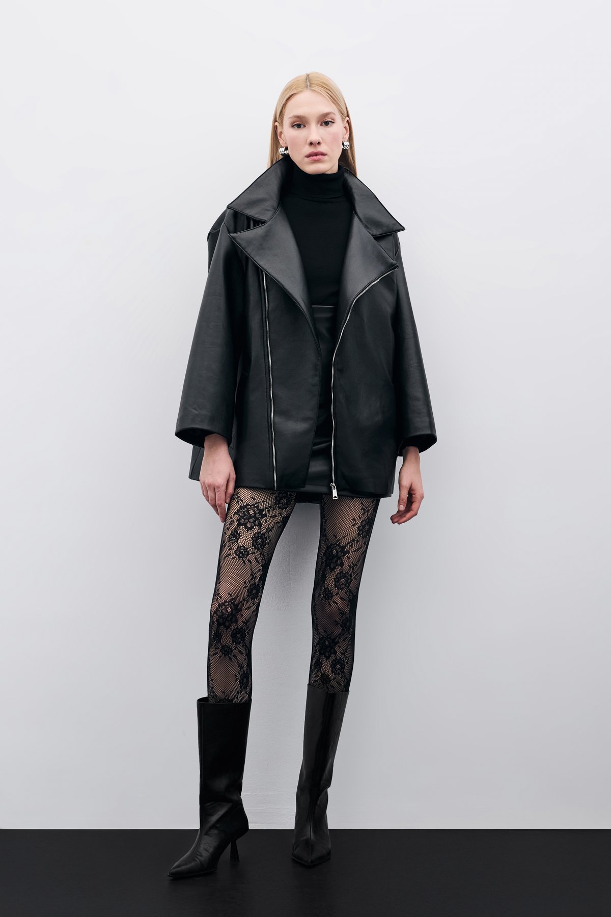 Oversize Deri Ceket - Siyah