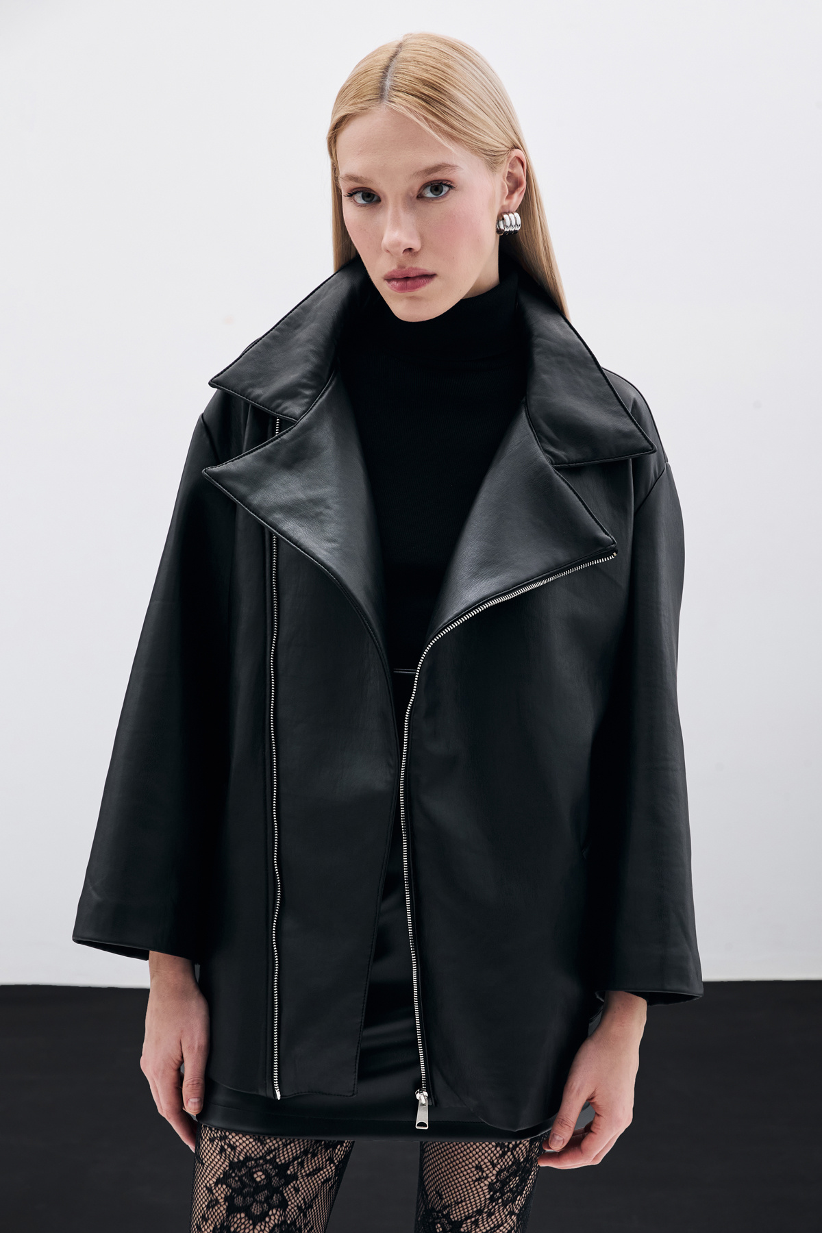 Oversize Deri Ceket - Siyah