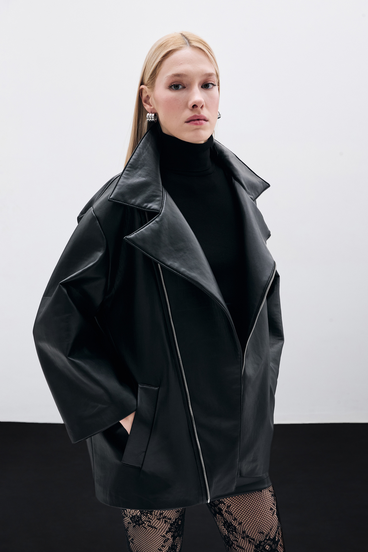 Oversize Deri Ceket - Siyah