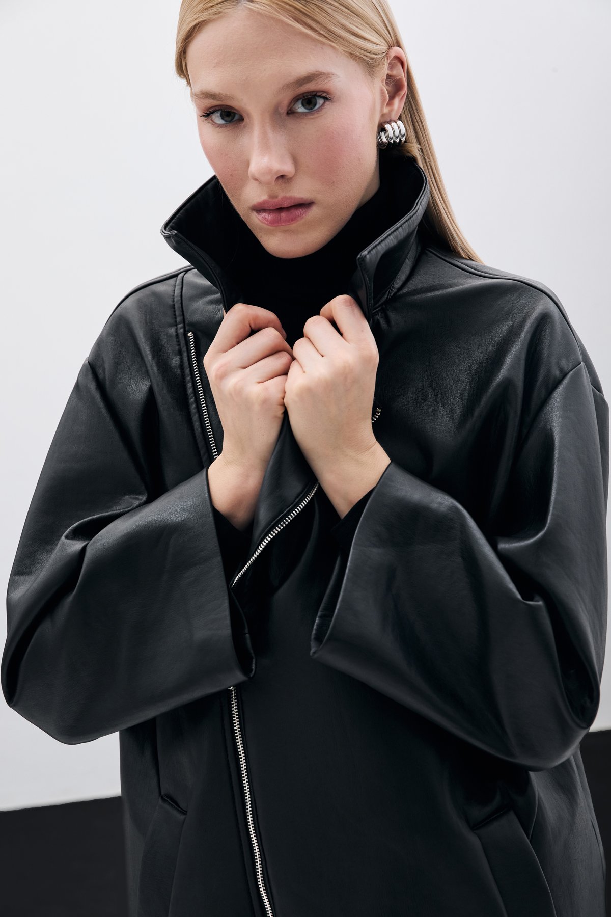 Oversize Deri Ceket - Siyah