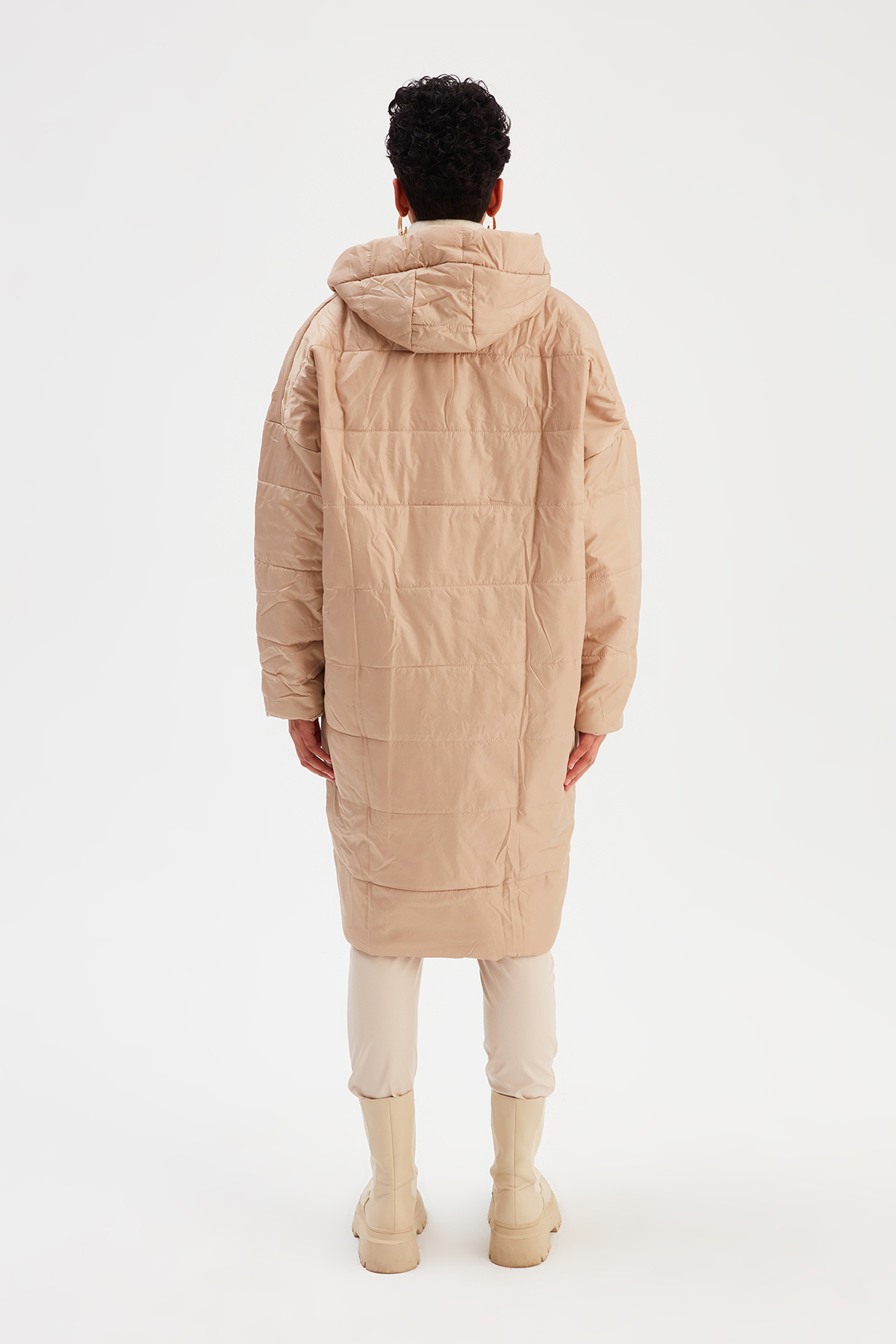 Oversize Kapüşonlu Şişme Mont - BEJ