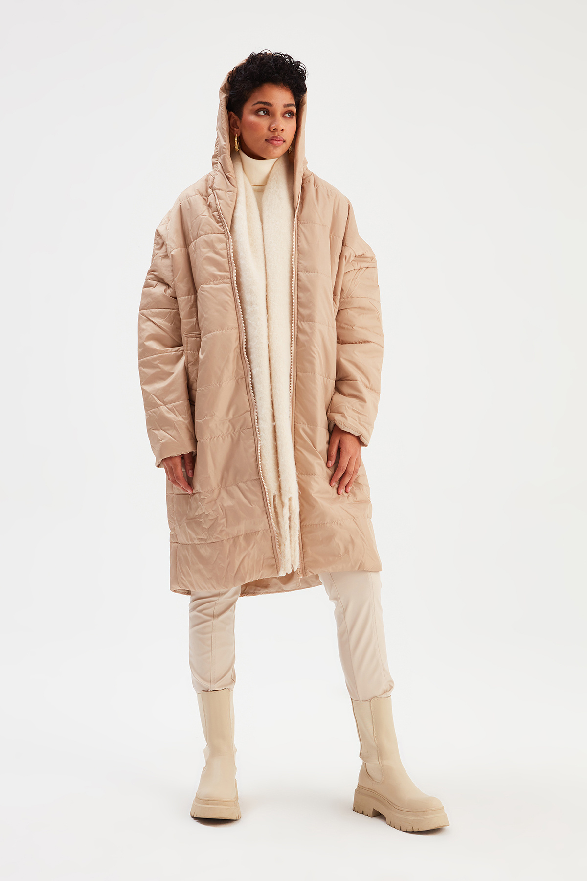 Oversize Kapüşonlu Şişme Mont - BEJ